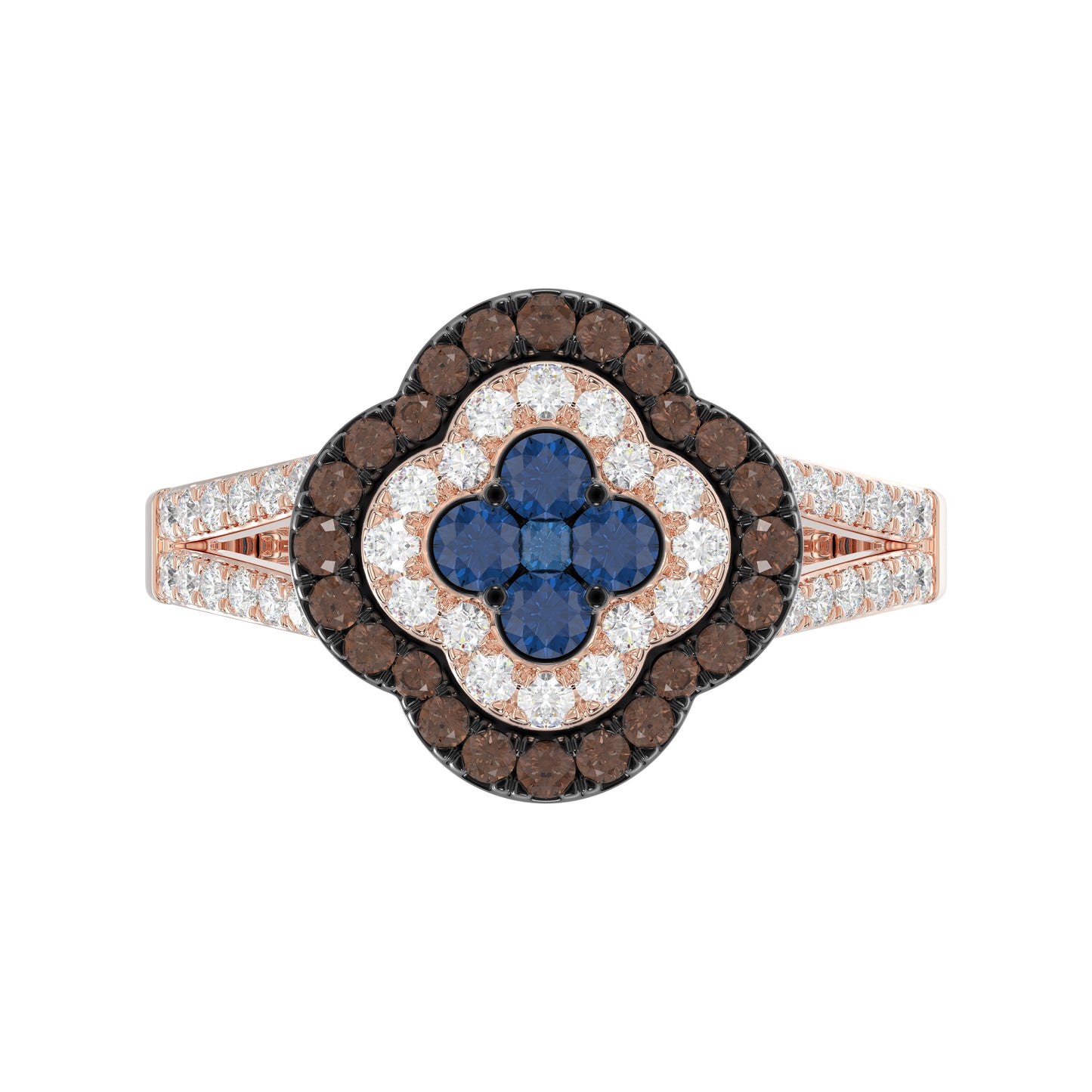 Elegant 14K Rose Gold Ladies Ring Crafted With Fancy Dark Brown And Blue Diamonds Totaling 0.75 Ct. Perfect Luxury Jewelry Gift For Her.