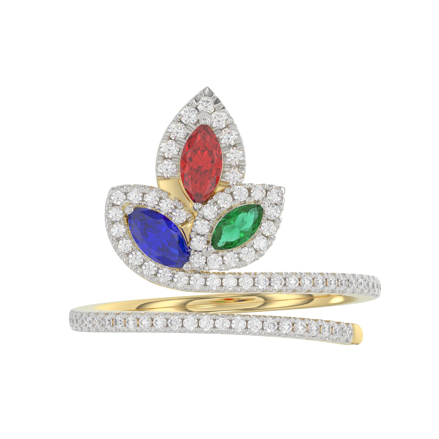 Elegant Multi-Stone 14K White Gold 0.75Ct Ladies Ring With Ruby, Sapphire, Emerald, And Marquise Diamonds. A Classic And Colorful Luxury Jewelry Piece