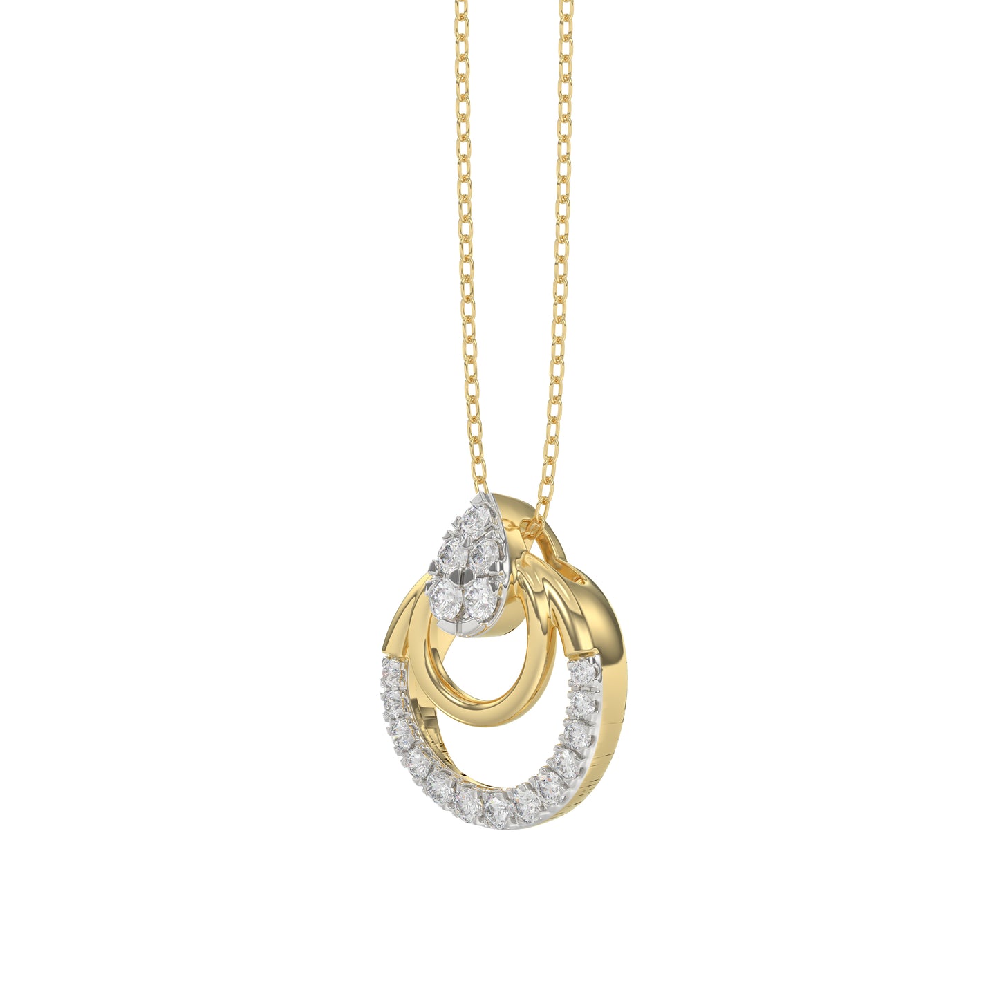 Beautiful 14K Yellow Gold Ladies Pendant With Double Circle Design And Sparkling 0.13 Ct Round Diamonds. Includes Chain.