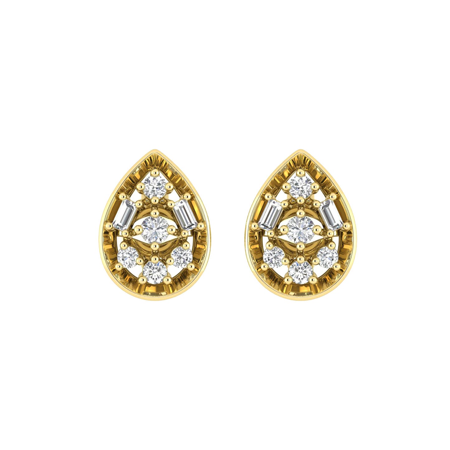 LADIES EARRINGS 0.20CT ROUND/BAGUETTE DIAMOND 10K YELLOW GOLD