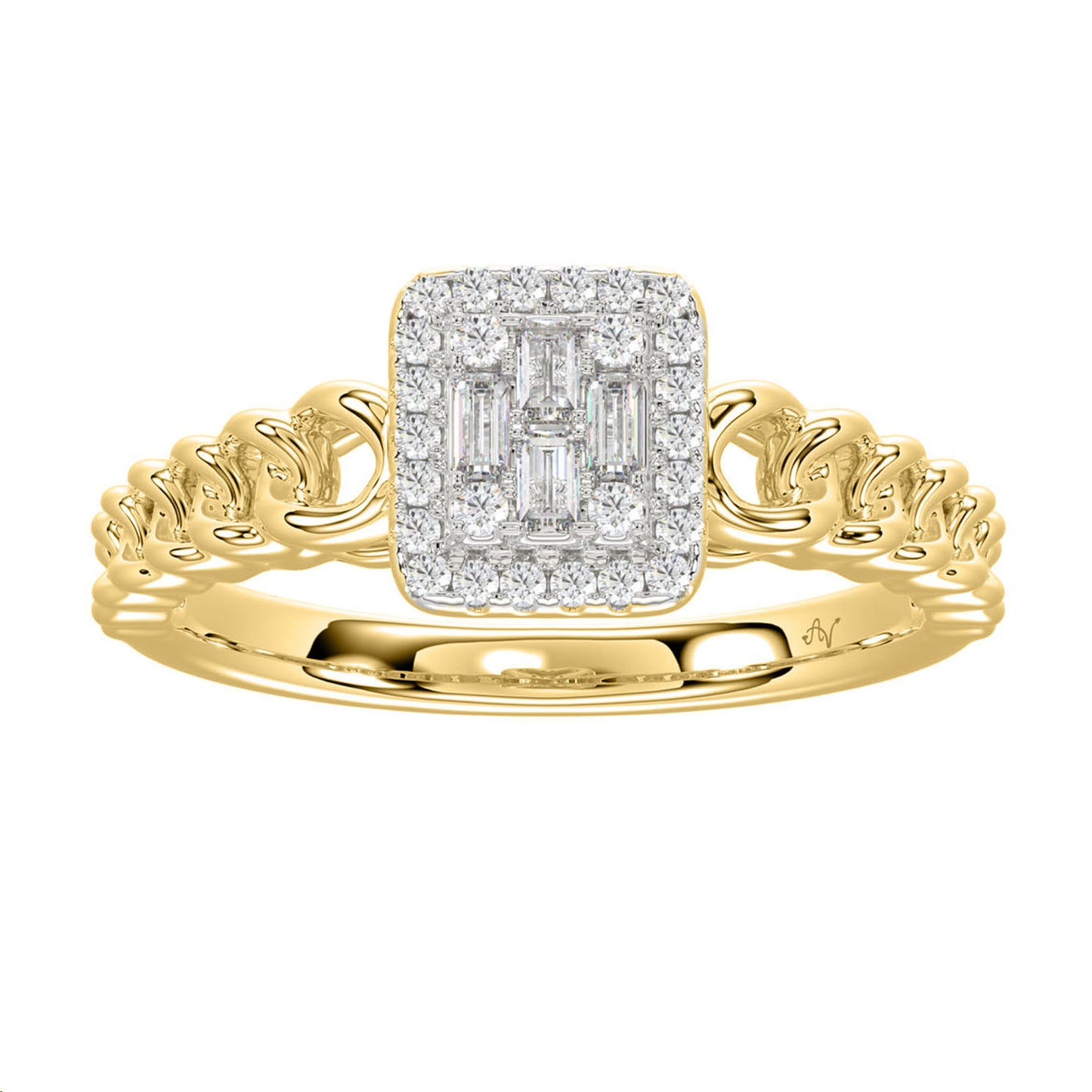 Ladies Halo Engagement Ring 0.20Ct Round & Baguette Diamond 10K Yellow Gold – Elegant Wedding Or Promise Jewelry
