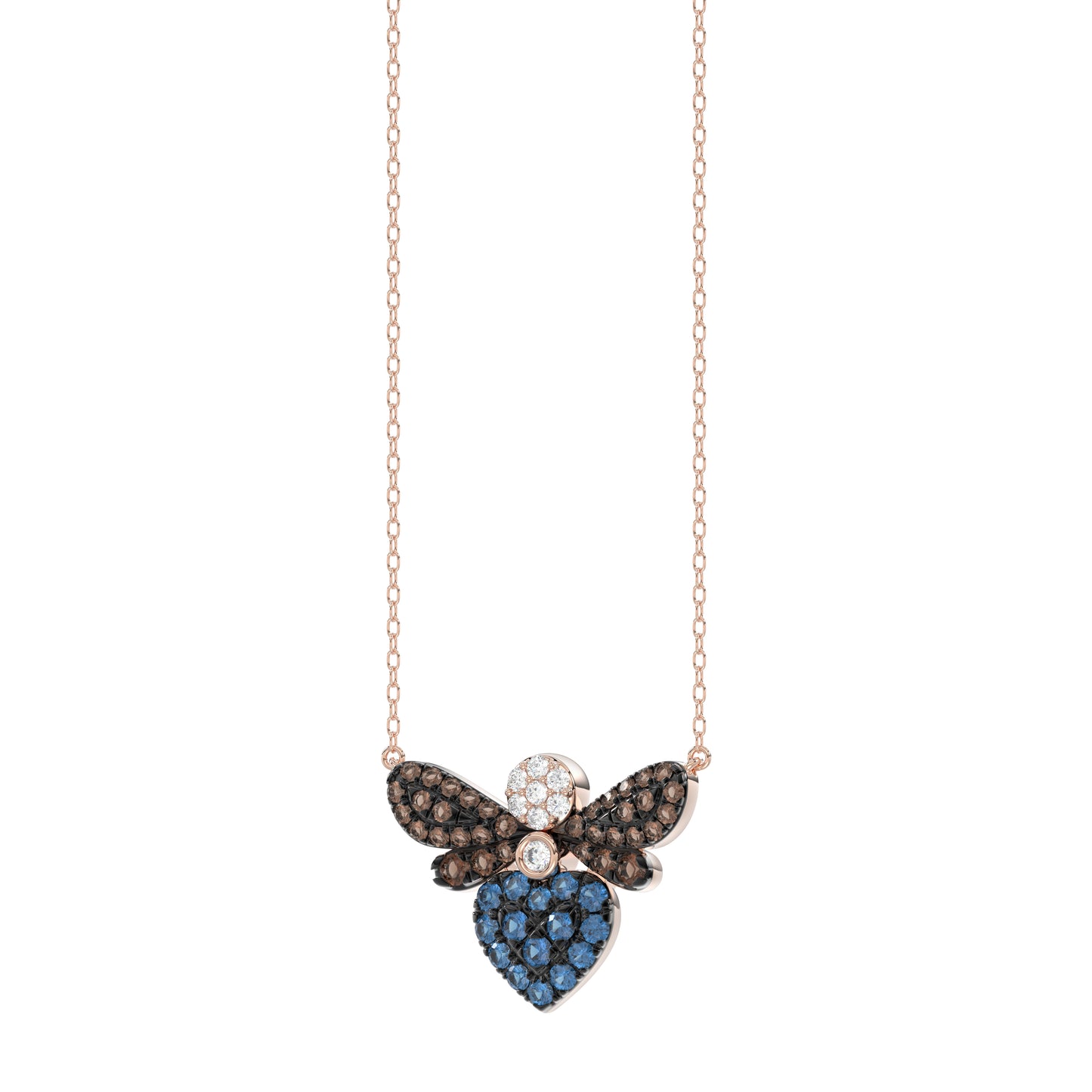 14K Rose Gold Ladies Butterfly Necklace With Colorful Diamond Accents In Blue, Dark Brown, And Round Cuts. A Stylish 0.33 Ct Jewelry Necklace