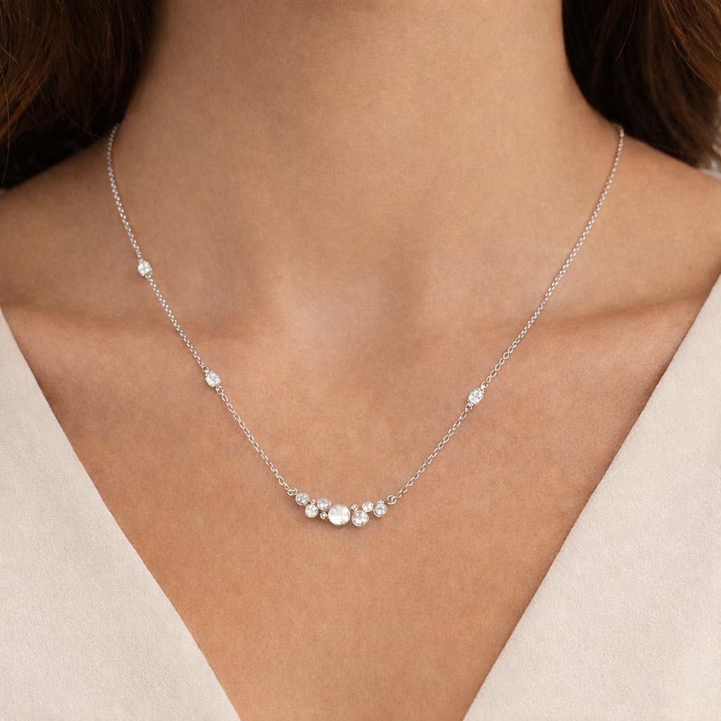 14K White Gold 0.16Ct Ladies Pearl Necklace Round Diamond Bezel Design