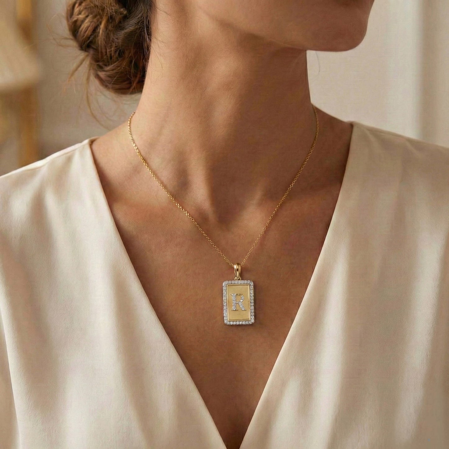 Elegant Ladies 0.20Ct Round Diamond “R Alphabet Fashion Pendant With Chain – 10K Yellow Gold