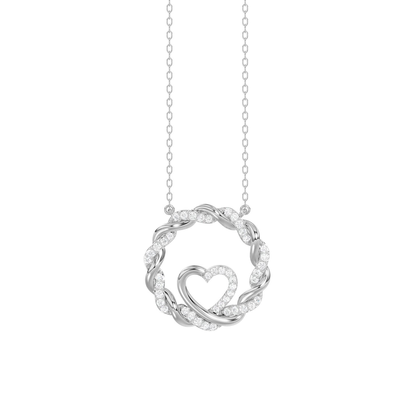 ELEGANCE 10K WHITE GOLD 0.15CT TWISTED CIRCLE HEART & LADIES PENDANT ROUND DIAMOND WITH CHAIN