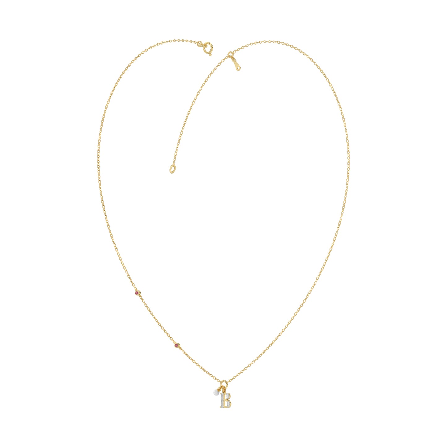 Stylish 10K Yellow Gold Ladies “K” Letter Necklace Featuring Round Ruby Diamonds And Pearl Accents. A Delicate And Personalized Fine Jewelry