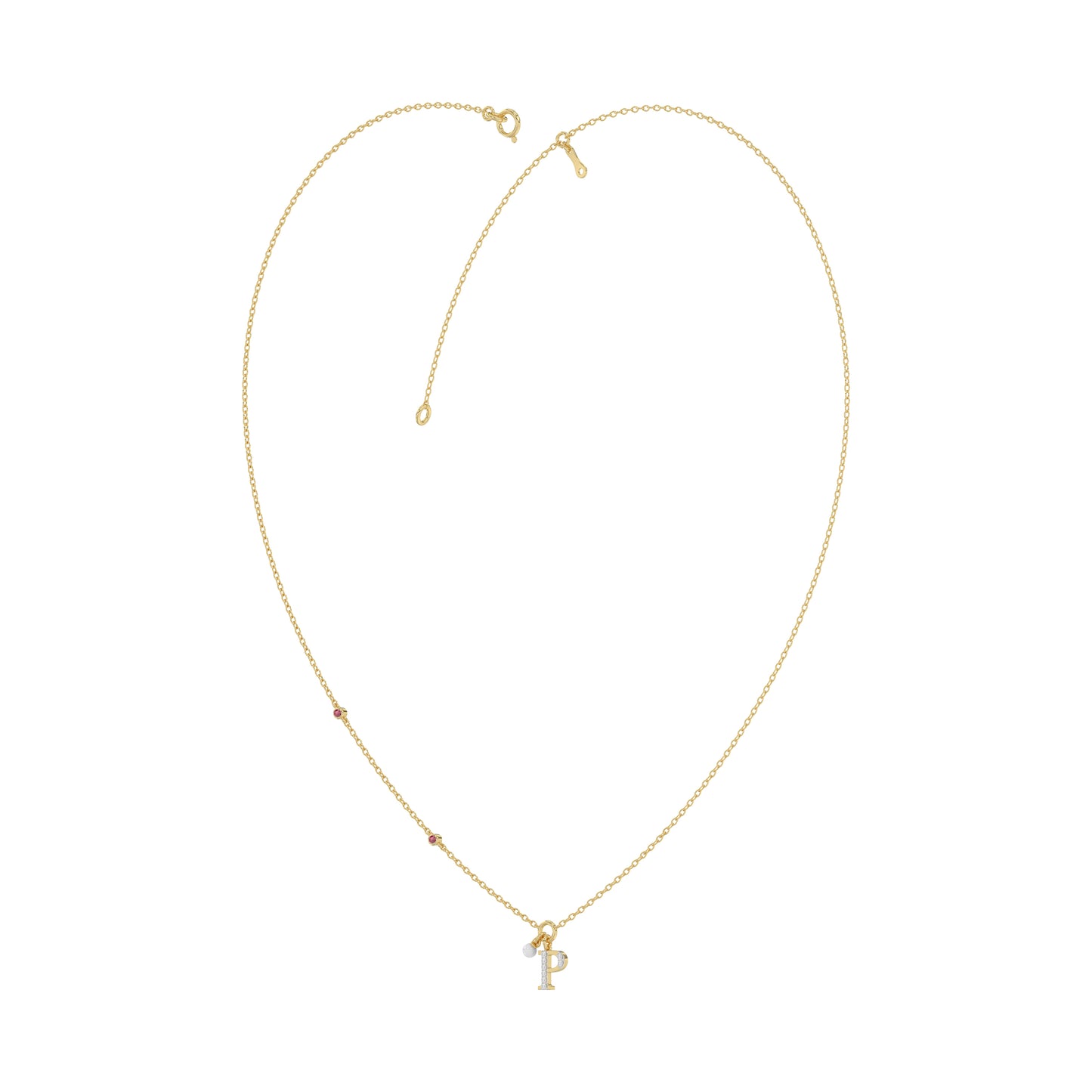Stylish 10K Yellow Gold Ladies “P” Letter Necklace Featuring Round Ruby Diamonds And Pearl Accents. A Delicate And Personalized Fine Jewelry