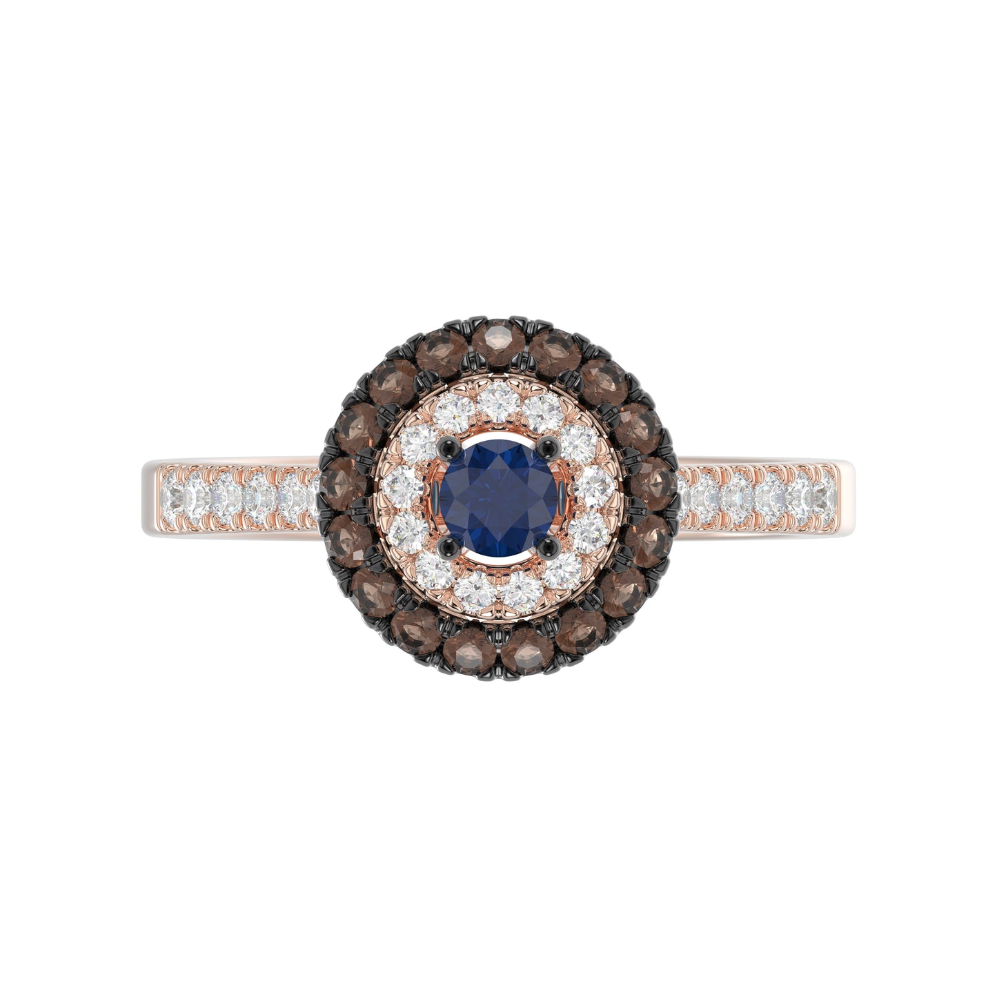 Elegant 14K Rose Gold Fashion Ring Featuring 0.55 Ct Round Diamonds In Blue And Dark Brown Tones. A Bold And Modern Fine Jewelry Piece For Women.