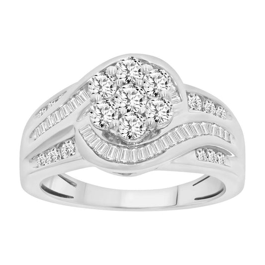LADIES RING 1.00CT ROUND/BAGUETTE DIAMOND 14K WHITE GOLD (SI QUALITY)