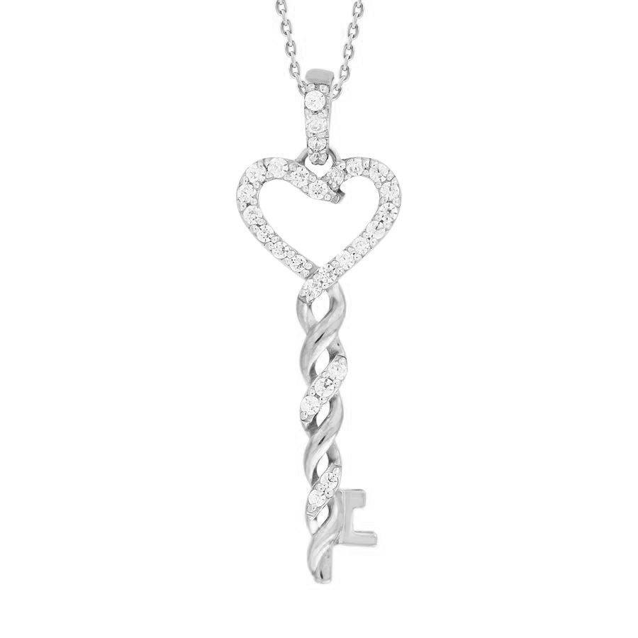Sterling Silver 0.20CT Round Diamond Heart Key Pendant Ladies Diamond Pendant With Chain