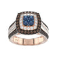 Bold And Elegant 14K Rose Gold Ladies Ring Featuring 1.50Ct Round Diamonds In Blue, Dark Brown , And White Tones. A Striking Multi-Stone Design Perfec