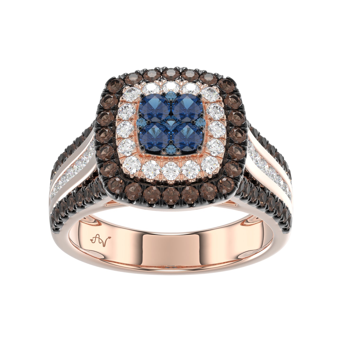 Bold And Elegant 14K Rose Gold Ladies Ring Featuring 1.50Ct Round Diamonds In Blue, Dark Brown , And White Tones. A Striking Multi-Stone Design Perfec