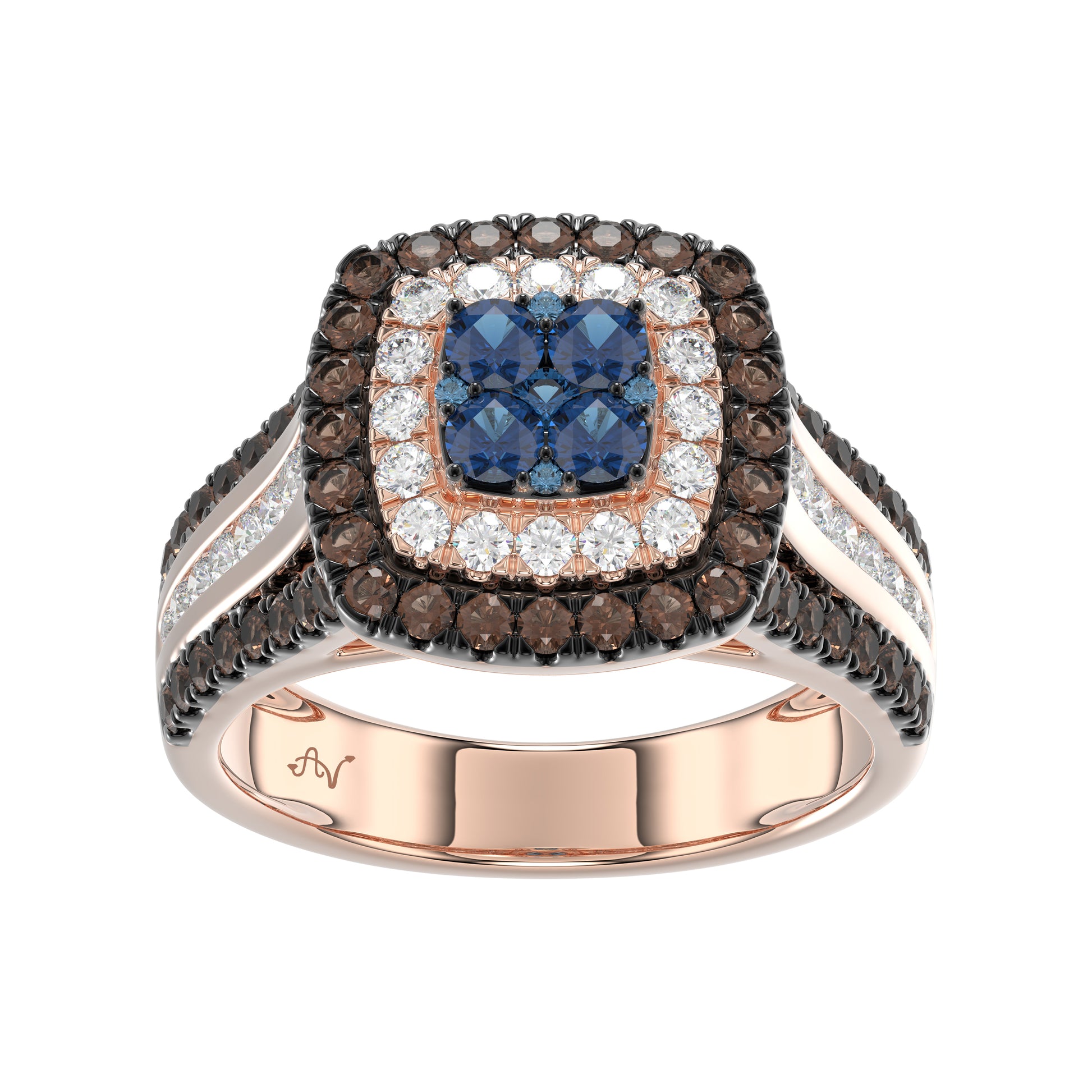 Bold And Elegant 14K Rose Gold Ladies Ring Featuring 1.50Ct Round Diamonds In Blue, Dark Brown , And White Tones. A Striking Multi-Stone Design Perfec