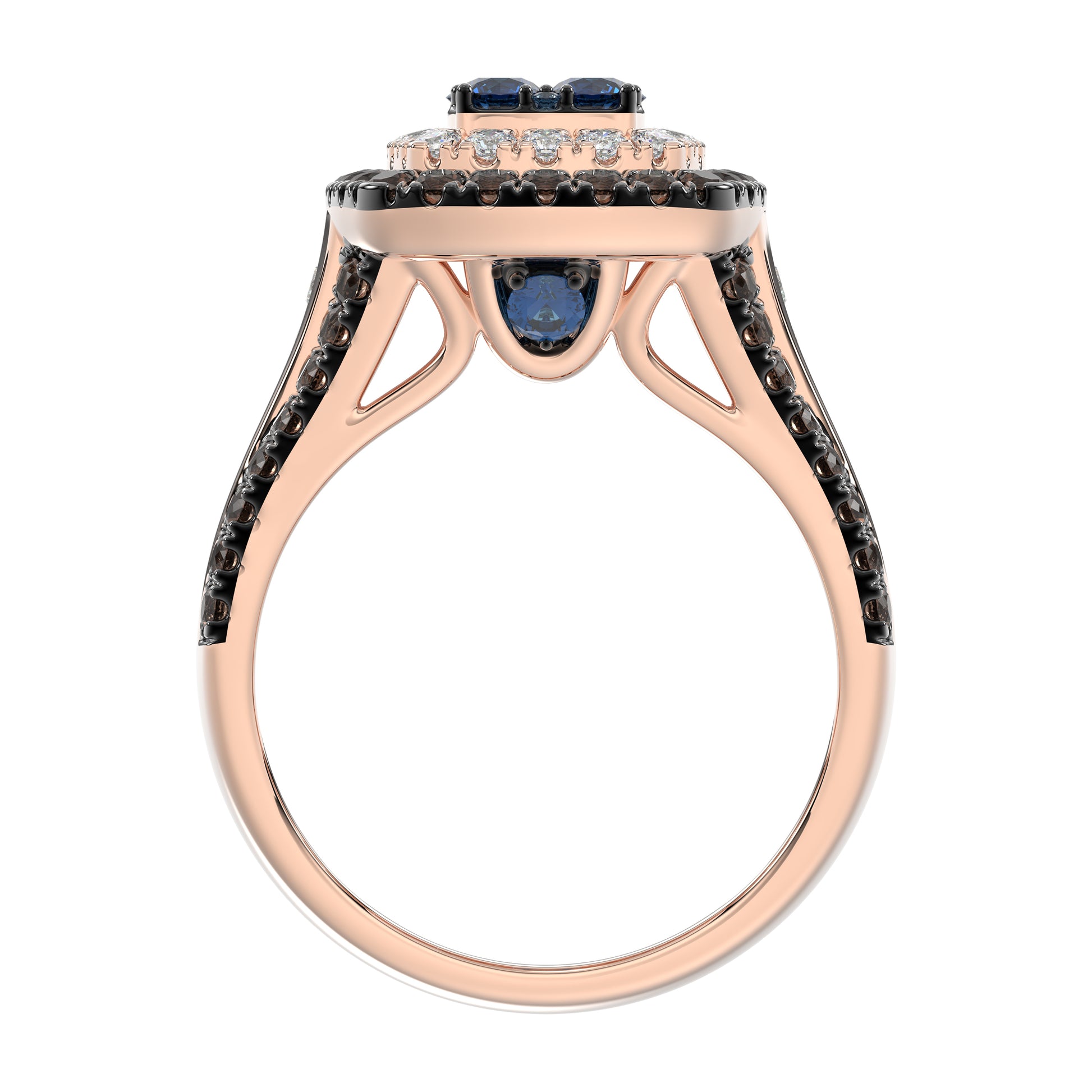 Bold And Elegant 14K Rose Gold Ladies Ring Featuring 1.50Ct Round Diamonds In Blue, Dark Brown , And White Tones. A Striking Multi-Stone Design Perfec