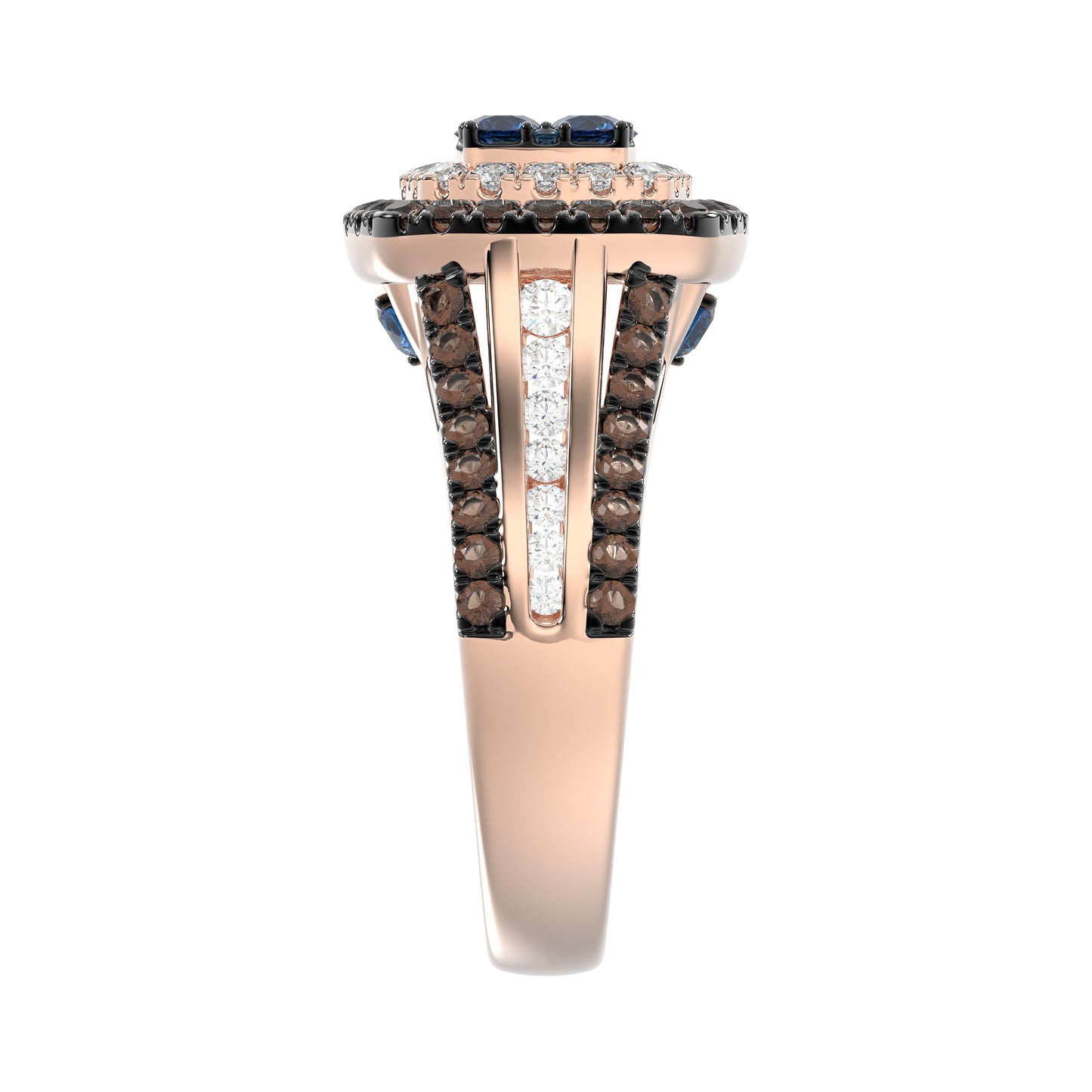 Bold And Elegant 14K Rose Gold Ladies Ring Featuring 1.50Ct Round Diamonds In Blue, Dark Brown , And White Tones. A Striking Multi-Stone Design Perfec