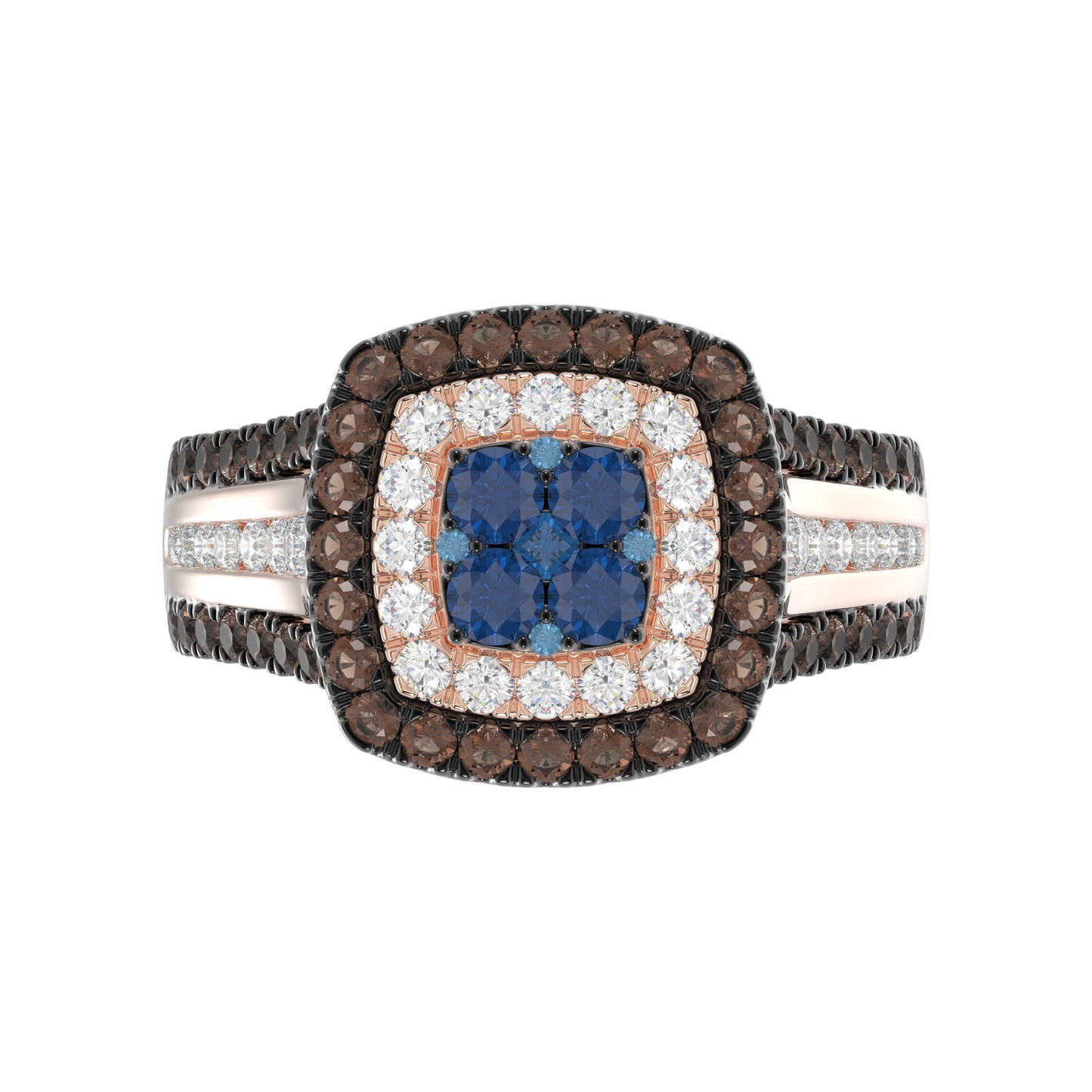 Bold And Elegant 14K Rose Gold Ladies Ring Featuring 1.50Ct Round Diamonds In Blue, Dark Brown , And White Tones. A Striking Multi-Stone Design Perfec