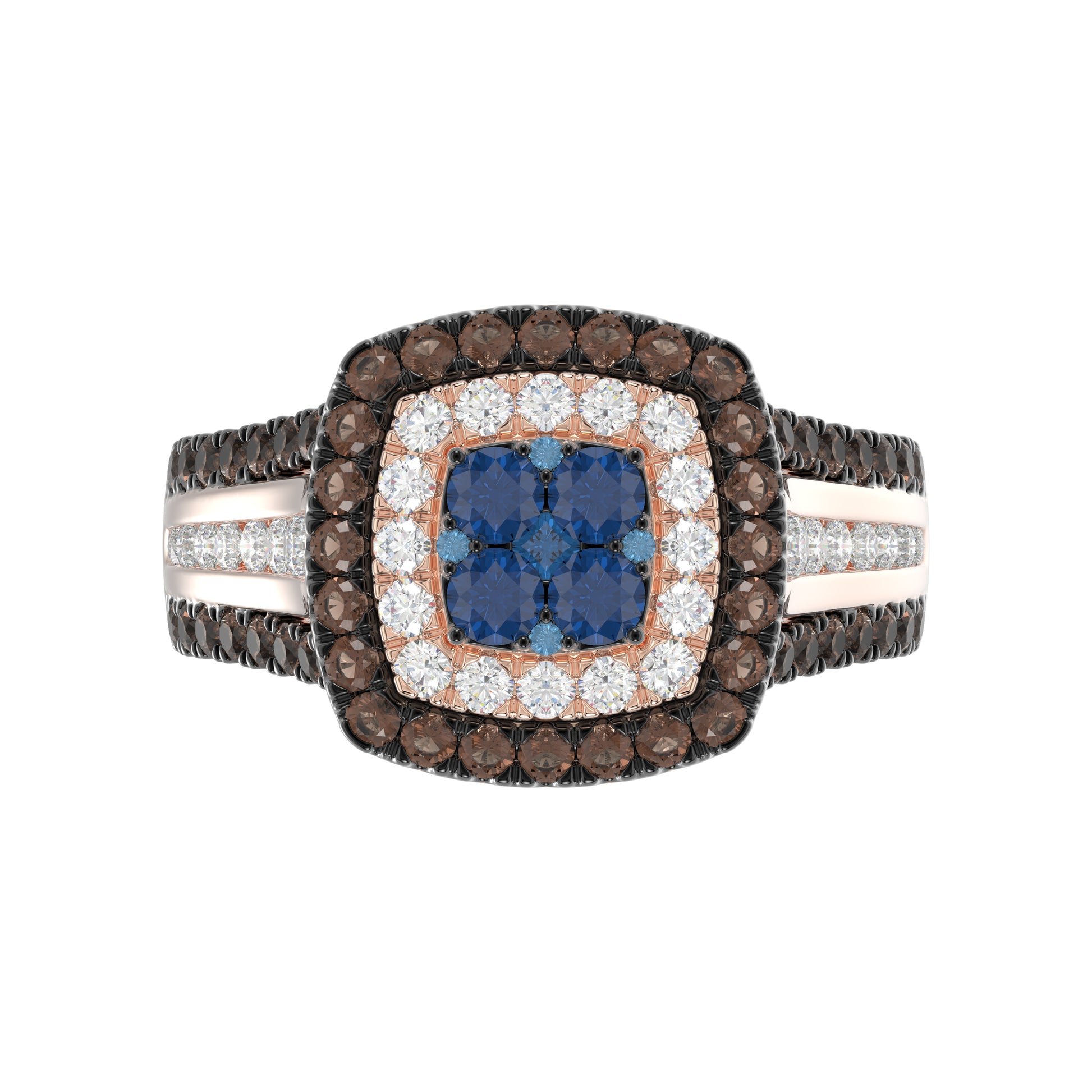 Bold And Elegant 14K Rose Gold Ladies Ring Featuring 1.50Ct Round Diamonds In Blue, Dark Brown , And White Tones. A Striking Multi-Stone Design Perfec