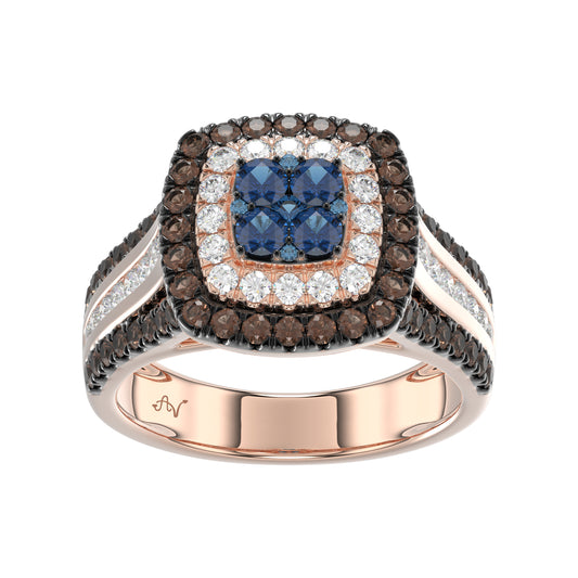 Bold And Elegant 14K Rose Gold Ladies Ring Featuring 1.50Ct Round Diamonds In Blue, Dark Brown , And White Tones. A Striking Multi-Stone Design Perfec