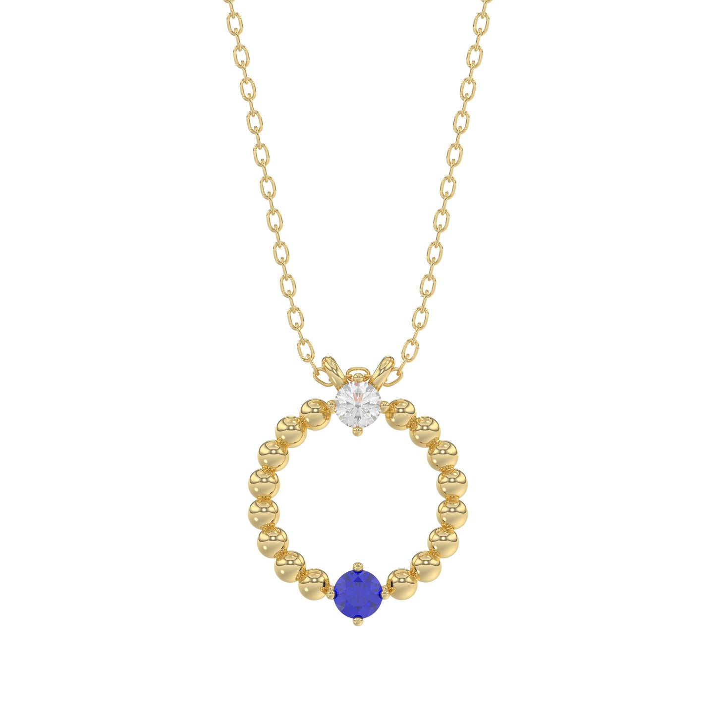 14K Yellow Gold 0.15Ct Blue Sapphire & Diamond Necklace For Women Natural Round Sapphire Ladies Jewelry