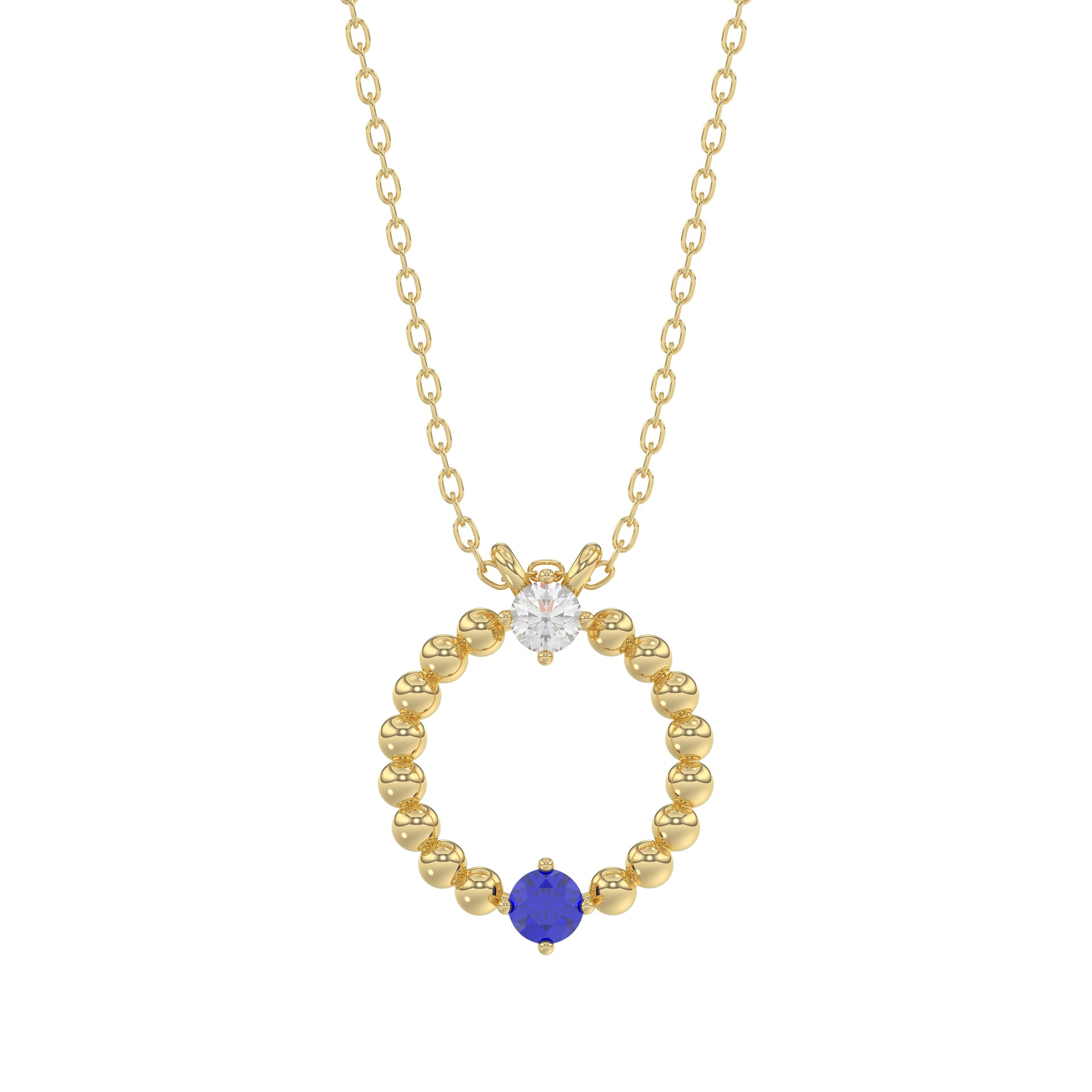 14K Yellow Gold 0.15Ct Blue Sapphire & Diamond Necklace For Women Natural Round Sapphire Ladies Jewelry