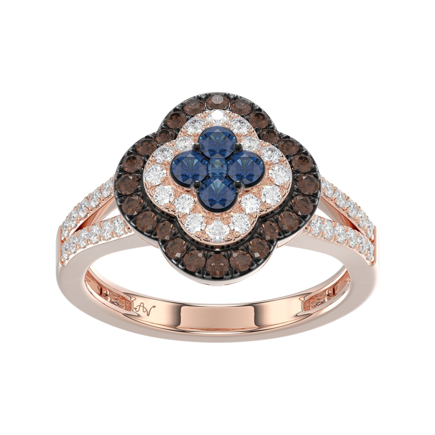 Elegant 14K Rose Gold Ladies Ring Crafted With Fancy Dark Brown And Blue Diamonds Totaling 0.75 Ct. Perfect Luxury Jewelry Gift For Her.