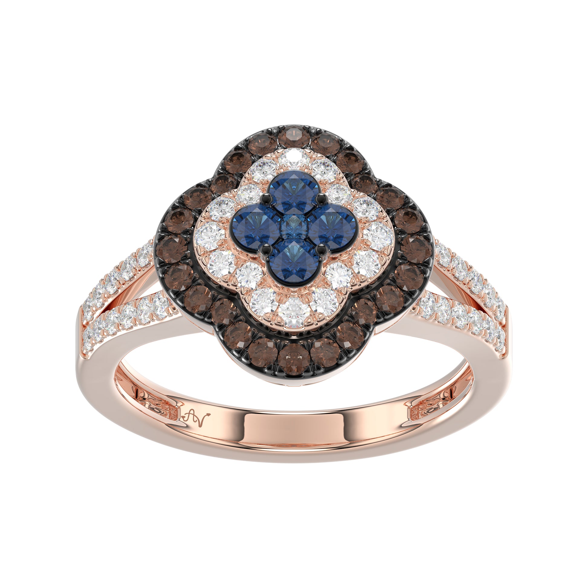 Elegant 14K Rose Gold Ladies Ring Crafted With Fancy Dark Brown And Blue Diamonds Totaling 0.75 Ct. Perfect Luxury Jewelry Gift For Her.