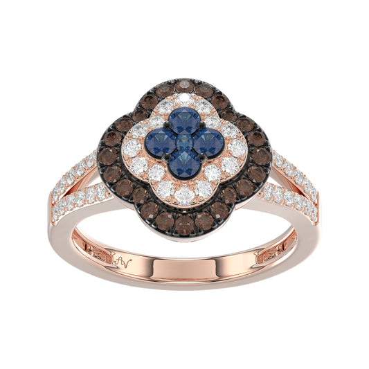 Elegant 14K Rose Gold Ladies Ring Crafted With Fancy Dark Brown And Blue Diamonds Totaling 0.75 Ct. Perfect Luxury Jewelry Gift For Her.