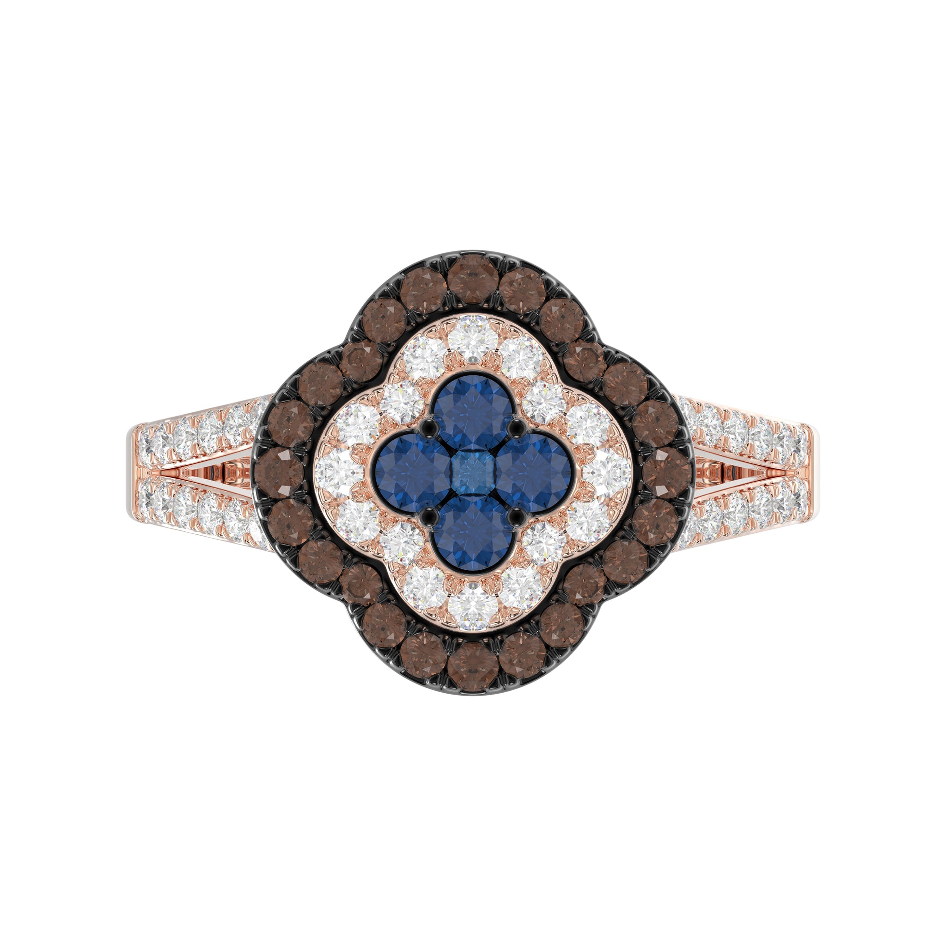 Elegant 14K Rose Gold Ladies Ring Crafted With Fancy Dark Brown And Blue Diamonds Totaling 0.75 Ct. Perfect Luxury Jewelry Gift For Her.