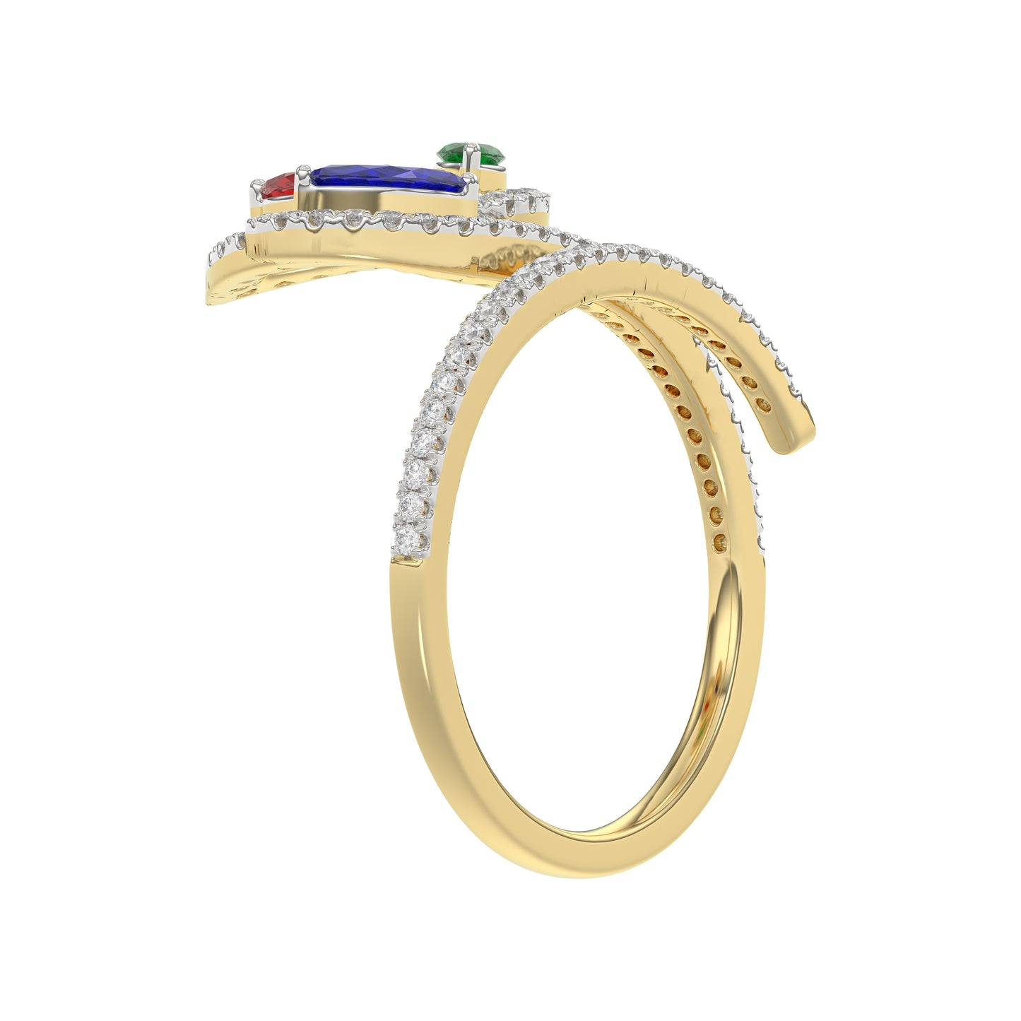 Elegant Multi-Stone 14K White Gold 0.75Ct Ladies Ring With Ruby, Sapphire, Emerald, And Marquise Diamonds. A Classic And Colorful Luxury Jewelry Piece