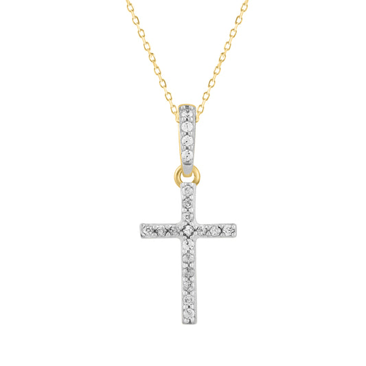 Elegant Sterling Silver Yellow Cross Pendant With Chain 0.05CT Round Diamond