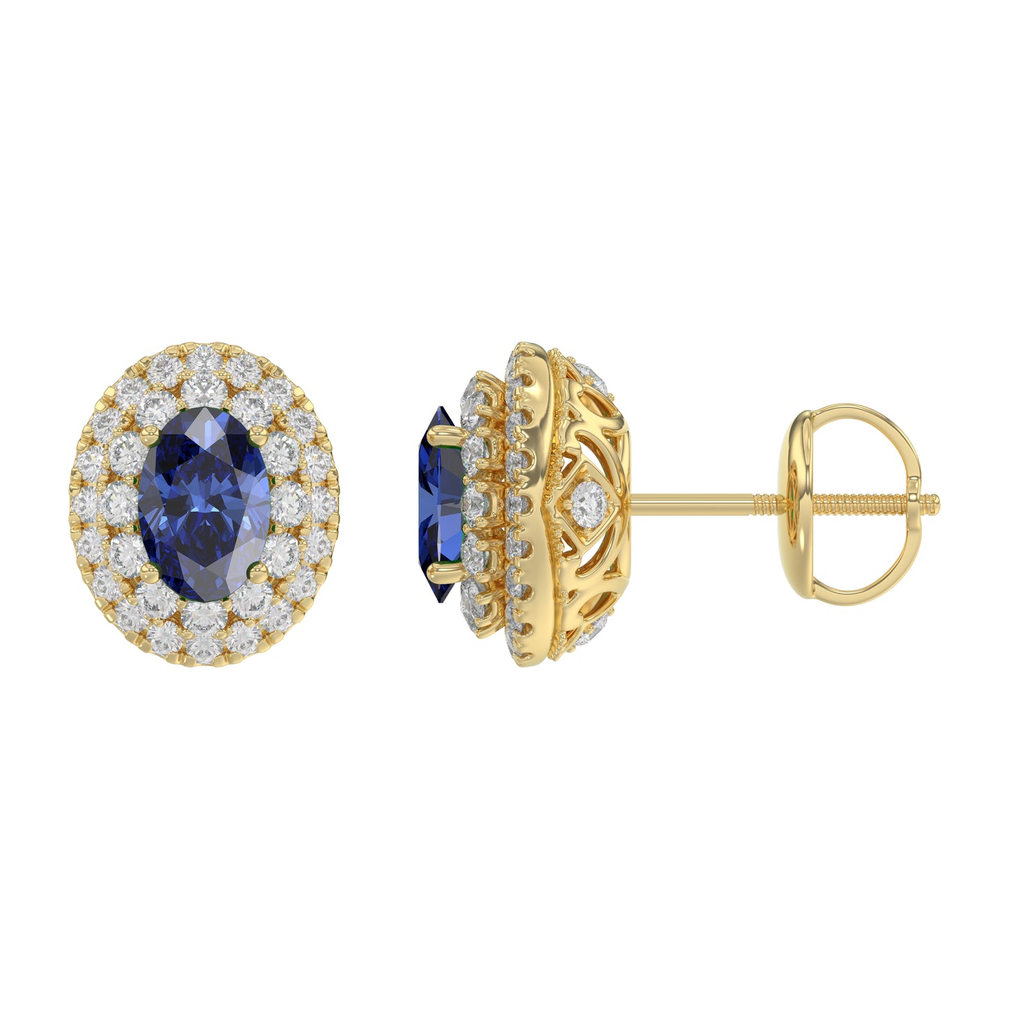 Luxury 14K Yellow Gold Earrings With Oval Sapphire And Round Diamond Accents. A Classic And Elegant 1.88Ct Fine Jewelry Design For Her.