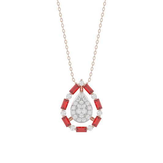 Elegant 14K Rose Gold Ladies Pendant Featuring Ruby And Diamond Accents With Round And Baguette Cut 0.50 Ct. Includes Chain For A Complete Look.