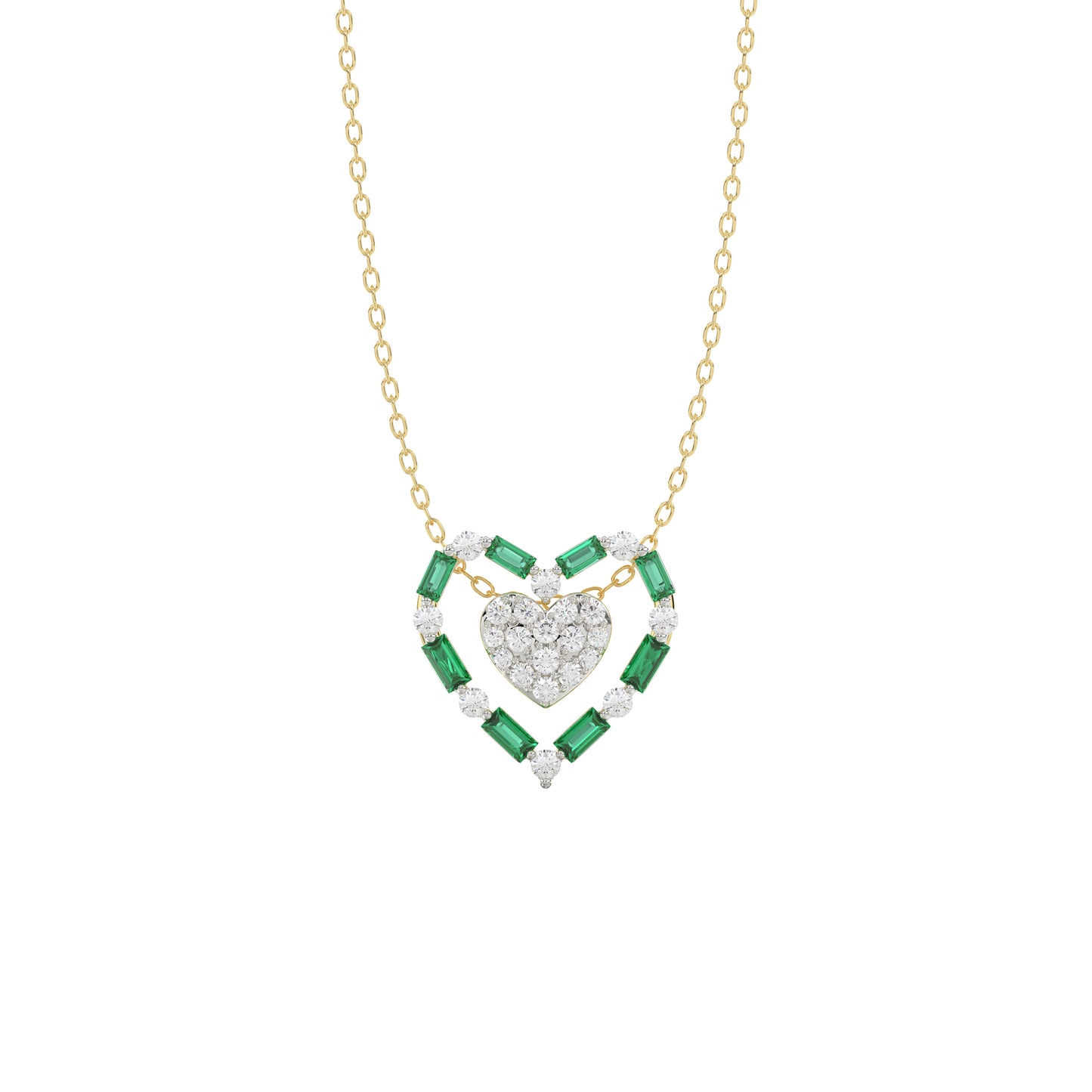 LADIES PENDANT 0.35CT ROUND/GREEN EMERALD BAGUETTE DIAMOND 14K YELLOW GOLD
