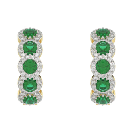 14K Yellow Gold 3.62Ct Emerald And Round Diamond Hoop Earrings For Women. A Refined Luxury Jewelry Design Perfect For Gifting Or Special Events.