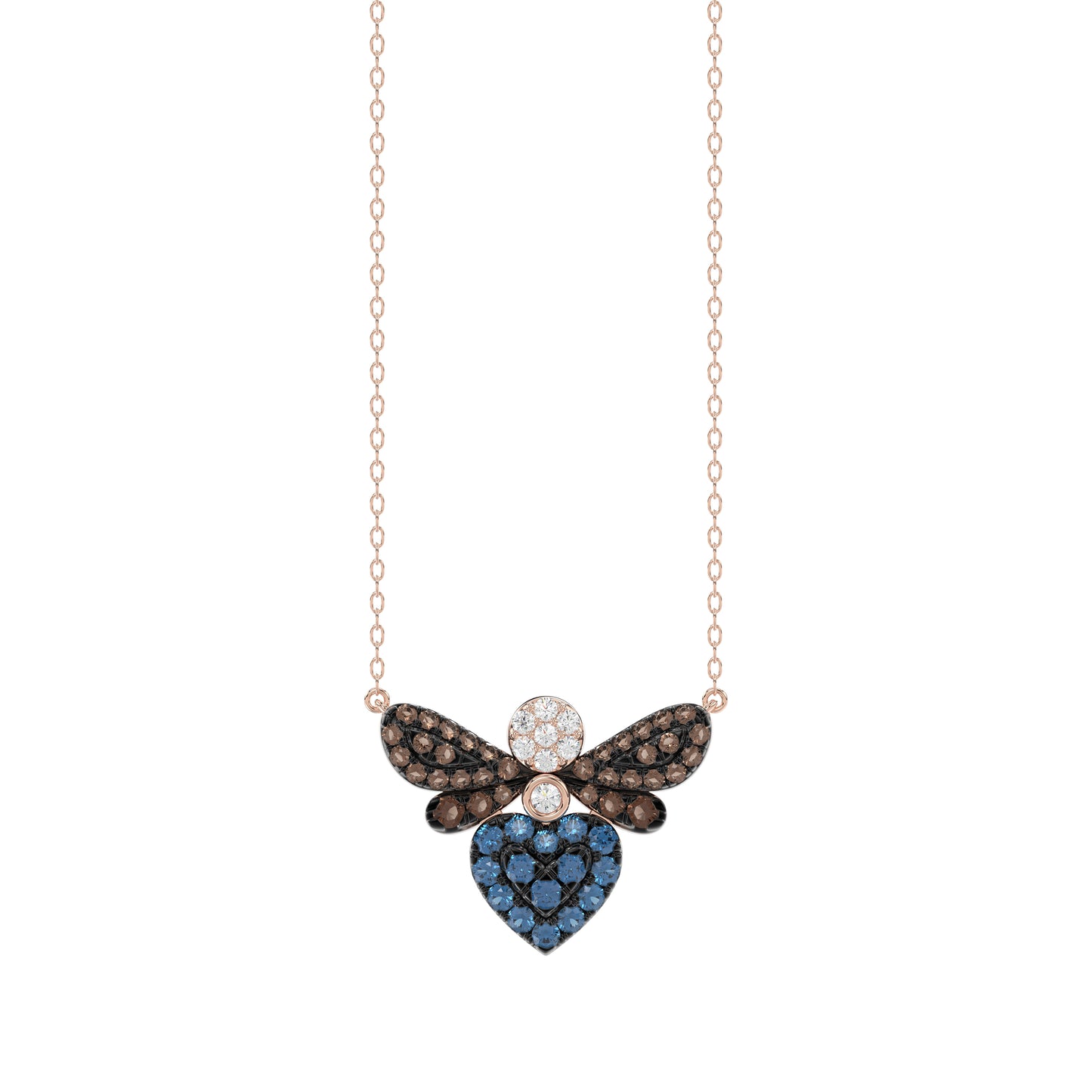 14K Rose Gold Ladies Butterfly Necklace With Colorful Diamond Accents In Blue, Dark Brown, And Round Cuts. A Stylish 0.33 Ct Jewelry Necklace
