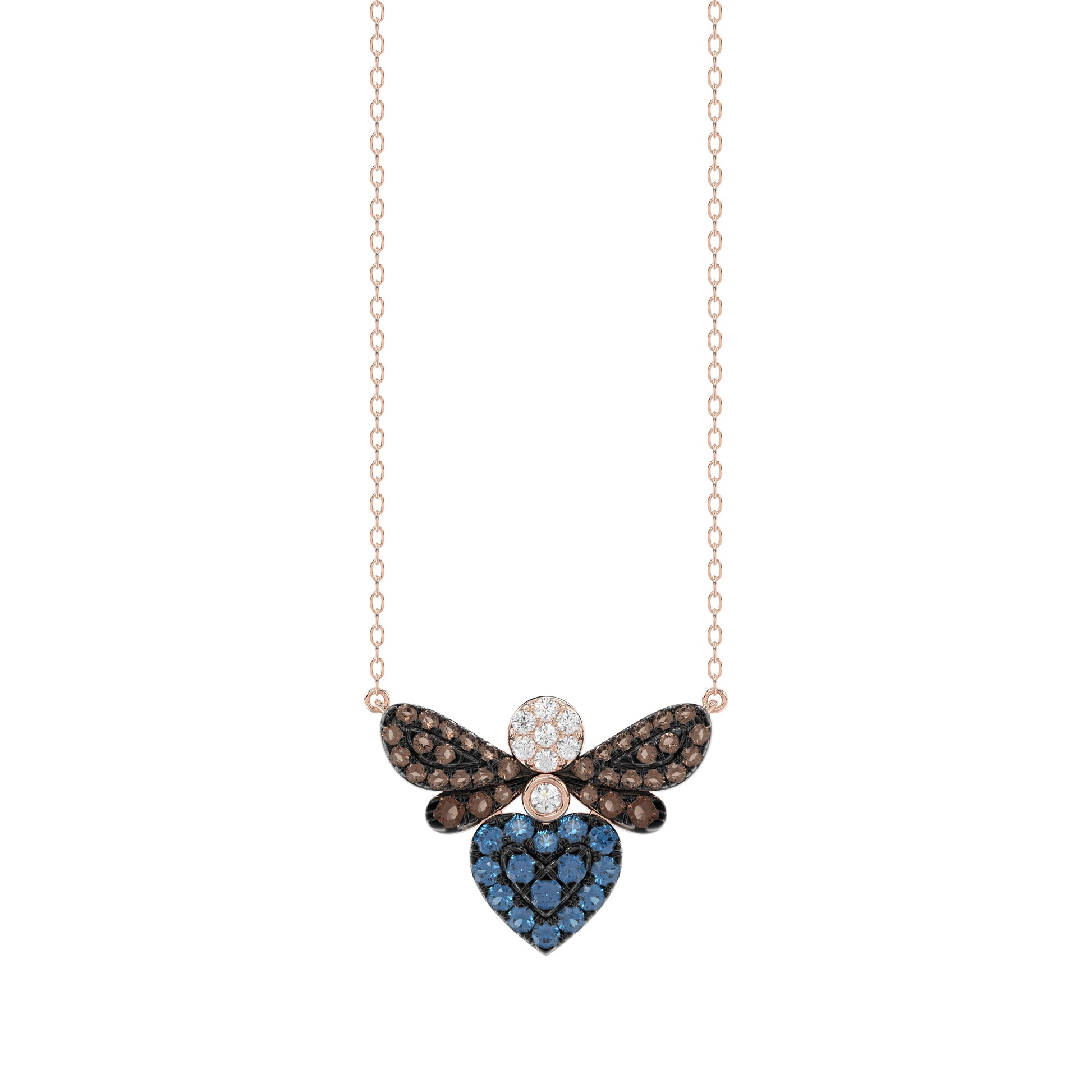 14K Rose Gold Ladies Butterfly Necklace With Colorful Diamond Accents In Blue, Dark Brown, And Round Cuts. A Stylish 0.33 Ct Jewelry Necklace