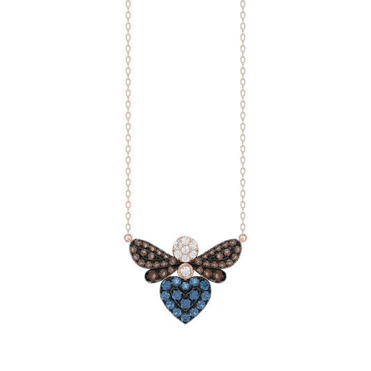 14K Rose Gold Ladies Butterfly Pendant With Colorful Diamond Accents In Blue, Dark Brown, And Round Cuts. A Stylish 0.33 Ct Jewelry Necklace With Chai
