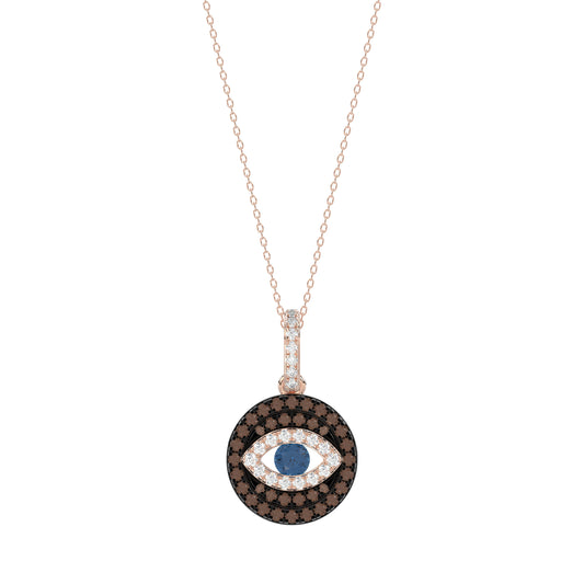 Elegant 14K Rose Gold Evil Eye Pendant For Women Featuring 0.50 Ct Round, Dark Brown, And Blue Diamonds. Includes Chain For A Complete Look.