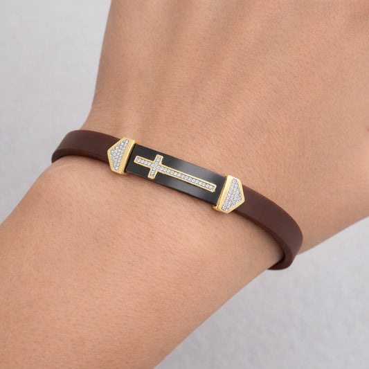 Men’S Sterling Silver Yellow  Bracelet With Brown Leather Strap And Central Black Accent – 0.25Ct