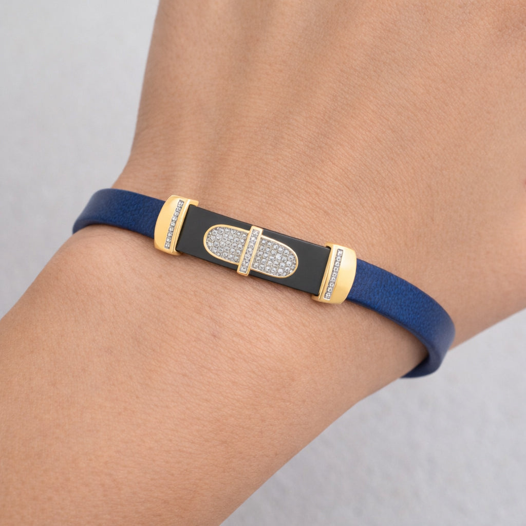 0.25 Ct Round Diamond Men’S Bracelet Yellow Gold  With Rubber Strap (Blue/Black)
