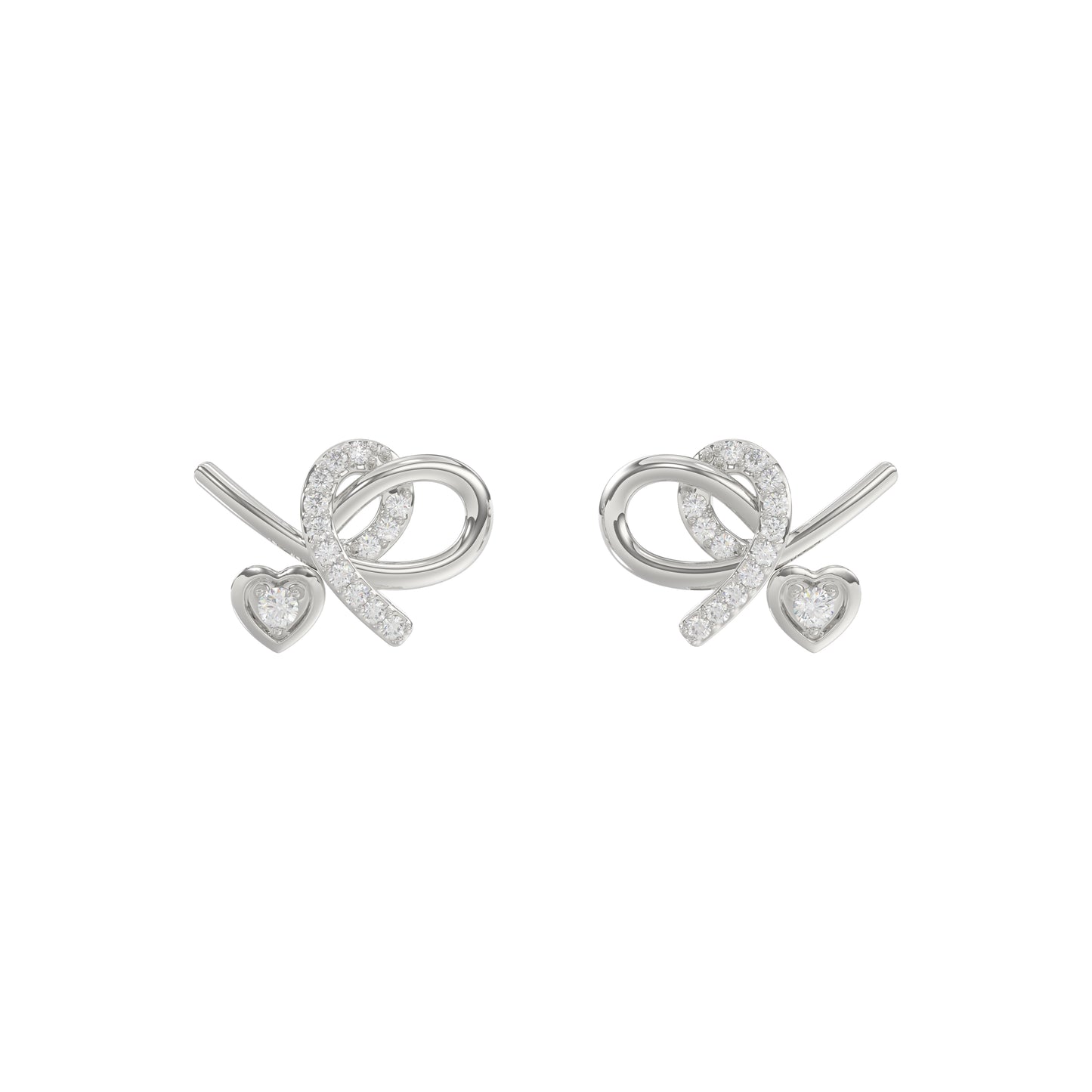 Elegant 10K White Gold Ladies Earrings Featuring A Clustered Heart Design With Twisted Detailing And 0.10 Ct Round Diamonds. Romantic Fine Jewelry For