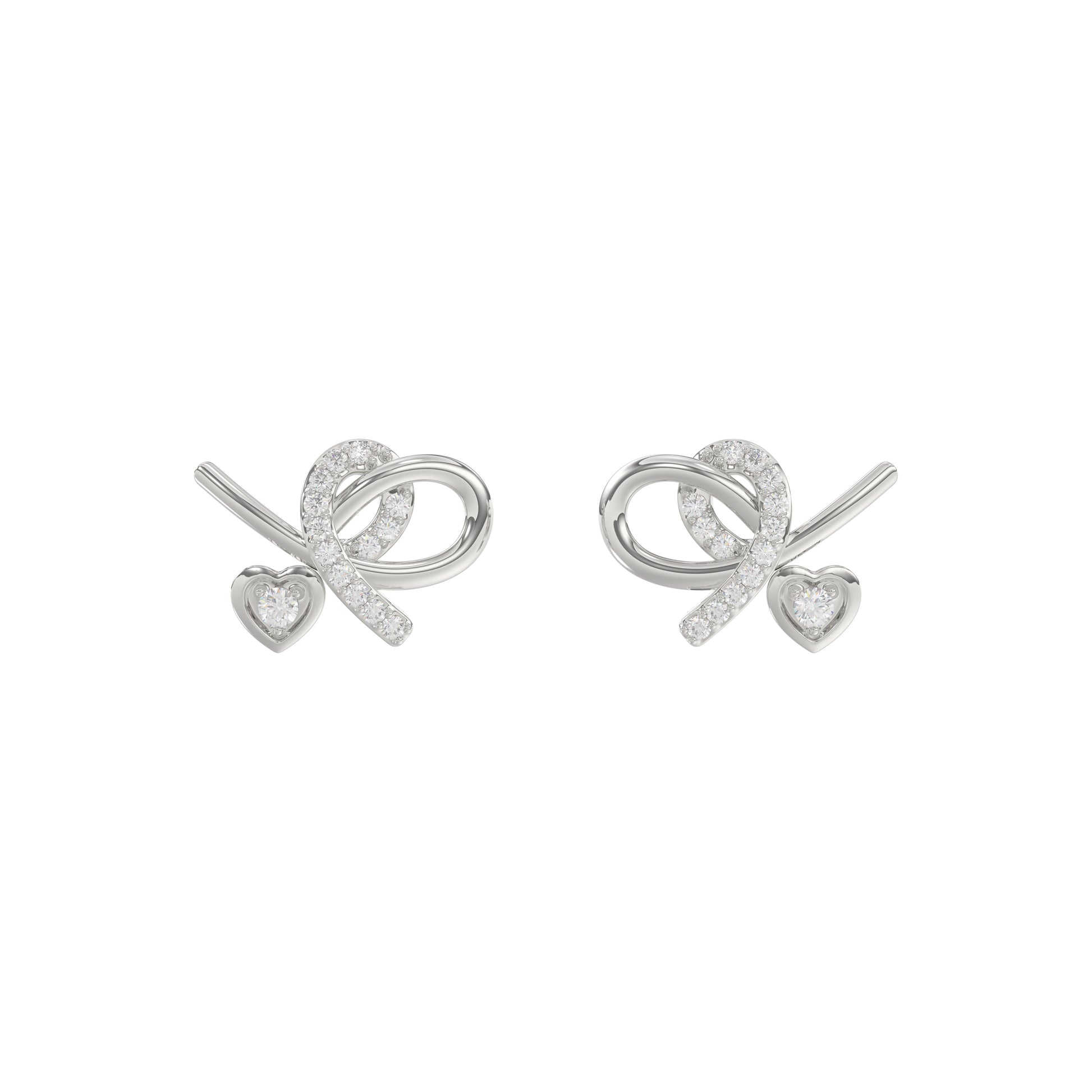 Elegant 10K White Gold Ladies Earrings Featuring A Clustered Heart Design With Twisted Detailing And 0.10 Ct Round Diamonds. Romantic Fine Jewelry For