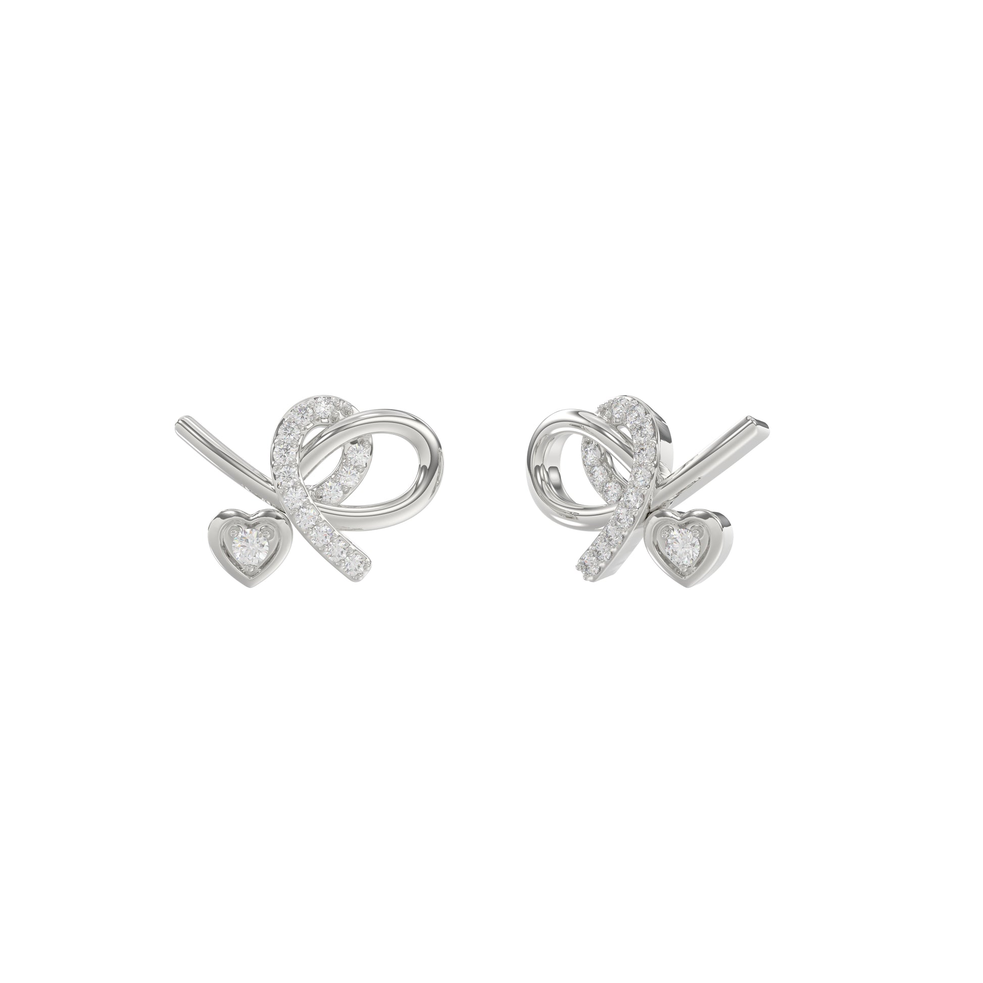 Elegant 10K White Gold Ladies Earrings Featuring A Clustered Heart Design With Twisted Detailing And 0.10 Ct Round Diamonds. Romantic Fine Jewelry For