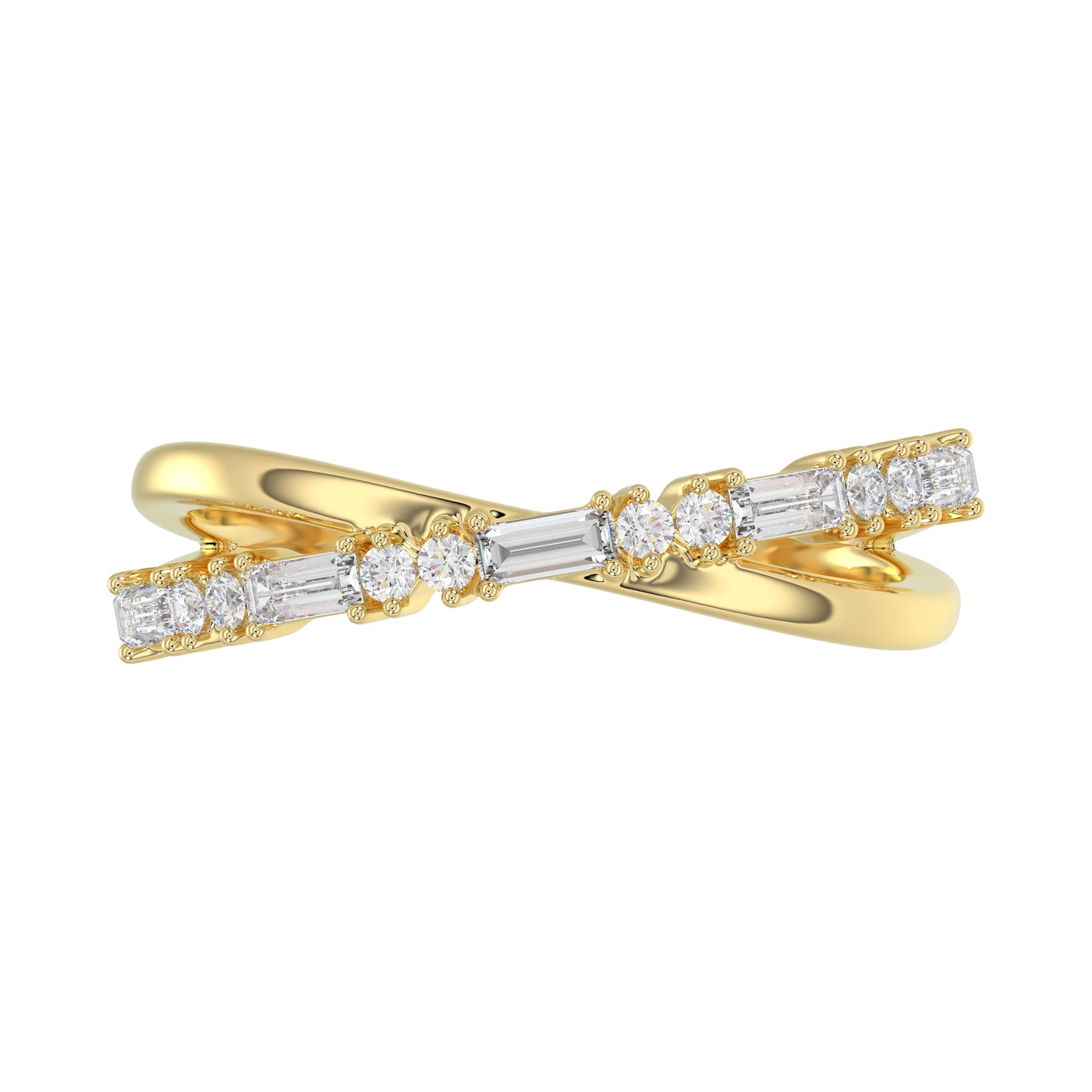 Elegant 10K Yellow Gold Ladies Crossover Ring Featuring Alternating Round And Baguette Diamonds 0.20 Ct. A Modern Fine Jewelry Design For Women.
