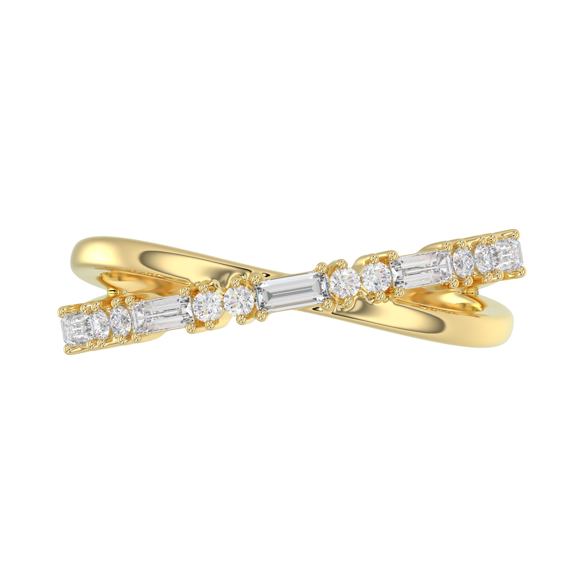 Elegant 10K Yellow Gold Ladies Crossover Ring Featuring Alternating Round And Baguette Diamonds 0.20 Ct. A Modern Fine Jewelry Design For Women.