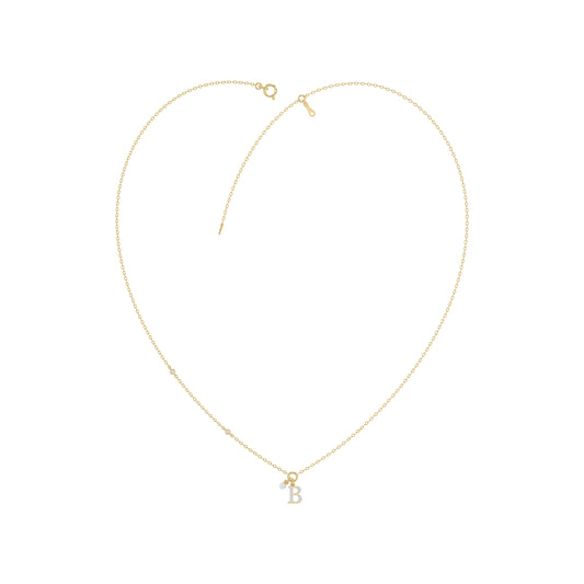Stylish 10K Yellow Gold Ladies “K” Letter Necklace Featuring Round Ruby Diamonds And Pearl Accents. A Delicate And Personalized Fine Jewelry