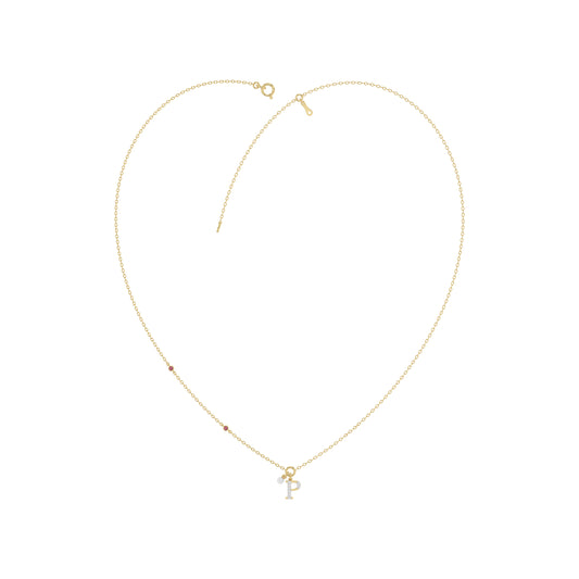 Stylish 10K Yellow Gold Ladies “P” Letter Necklace Featuring Round Ruby Diamonds And Pearl Accents. A Delicate And Personalized Fine Jewelry