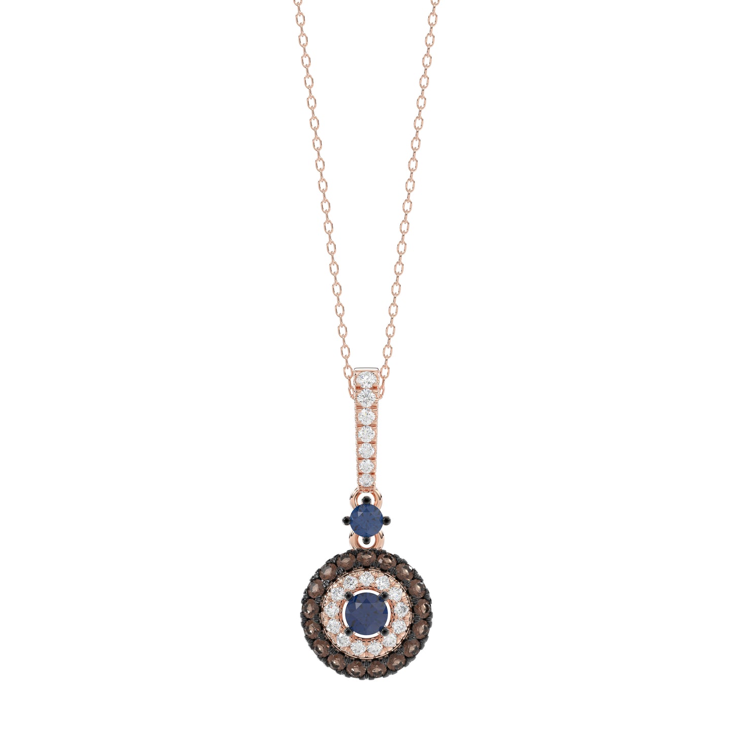 Luxury 14K Rose Gold Ladies Pendant With Chain Featuring Blue And Dark Brown & Round Diamonds. 0.50 Ct Elegant Jewelry Piece Perfect For Gifting.