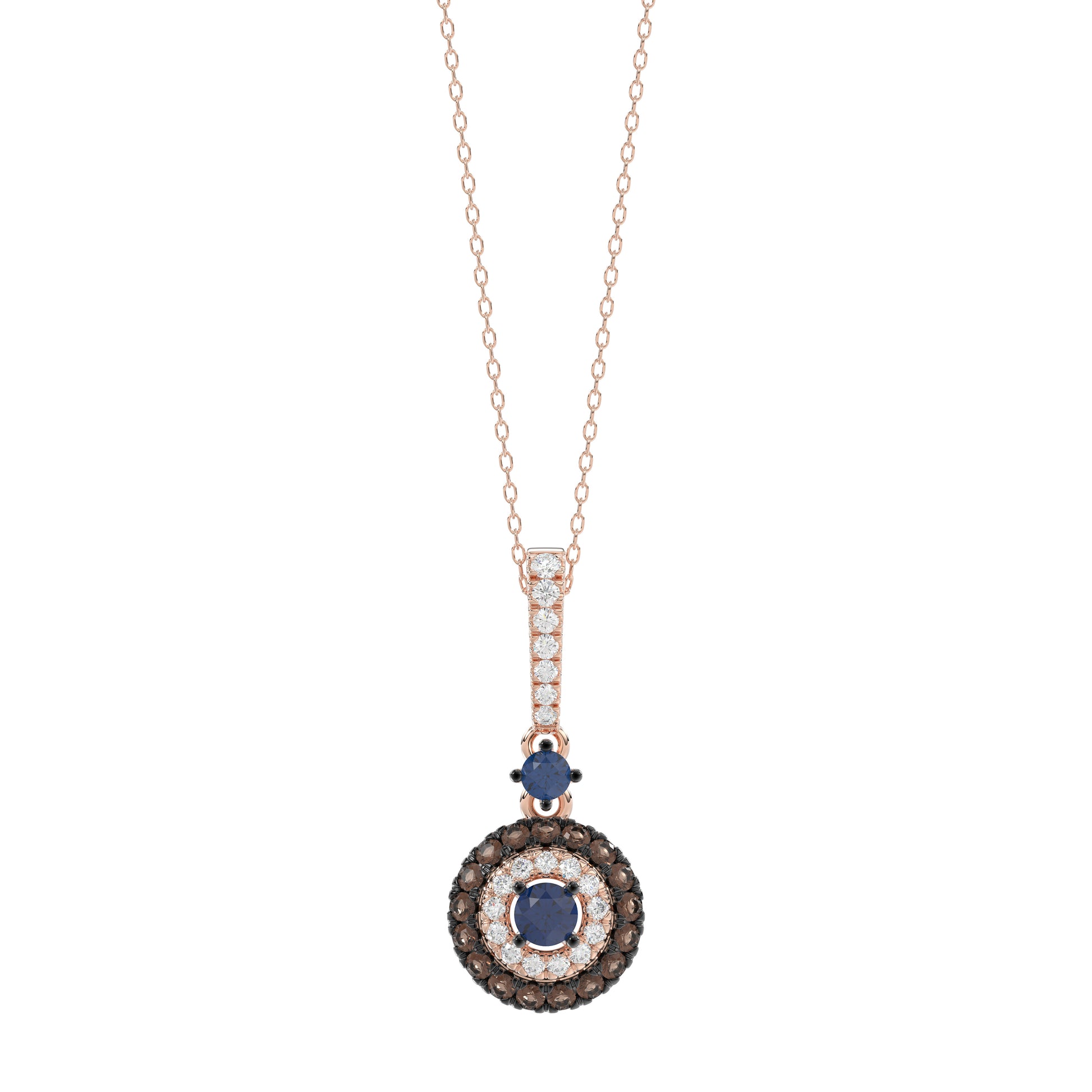 Luxury 14K Rose Gold Ladies Pendant With Chain Featuring Blue And Dark Brown & Round Diamonds. 0.50 Ct Elegant Jewelry Piece Perfect For Gifting.