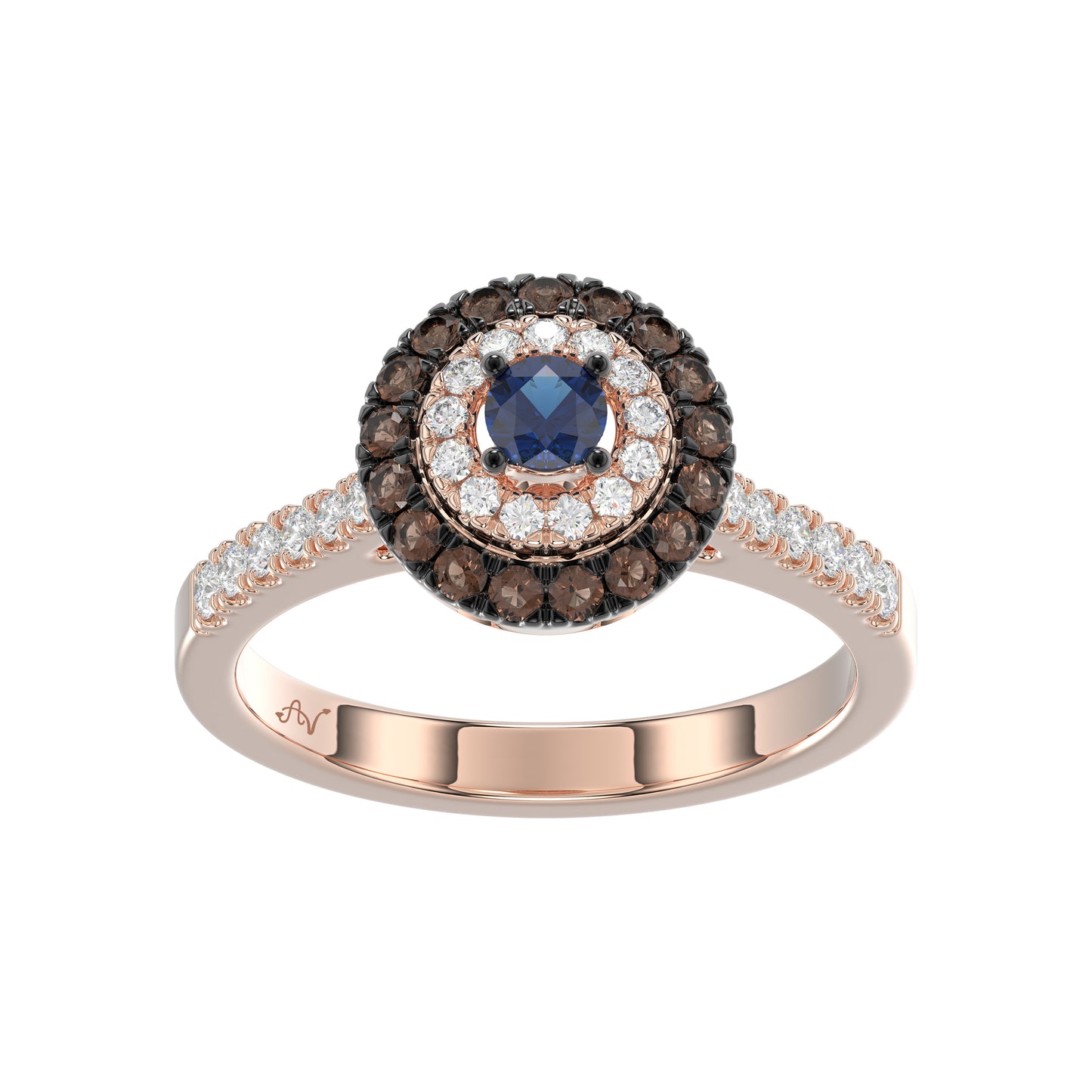 Elegant 14K Rose Gold Fashion Ring Featuring 0.55 Ct Round Diamonds In Blue And Dark Brown Tones. A Bold And Modern Fine Jewelry Piece For Women.